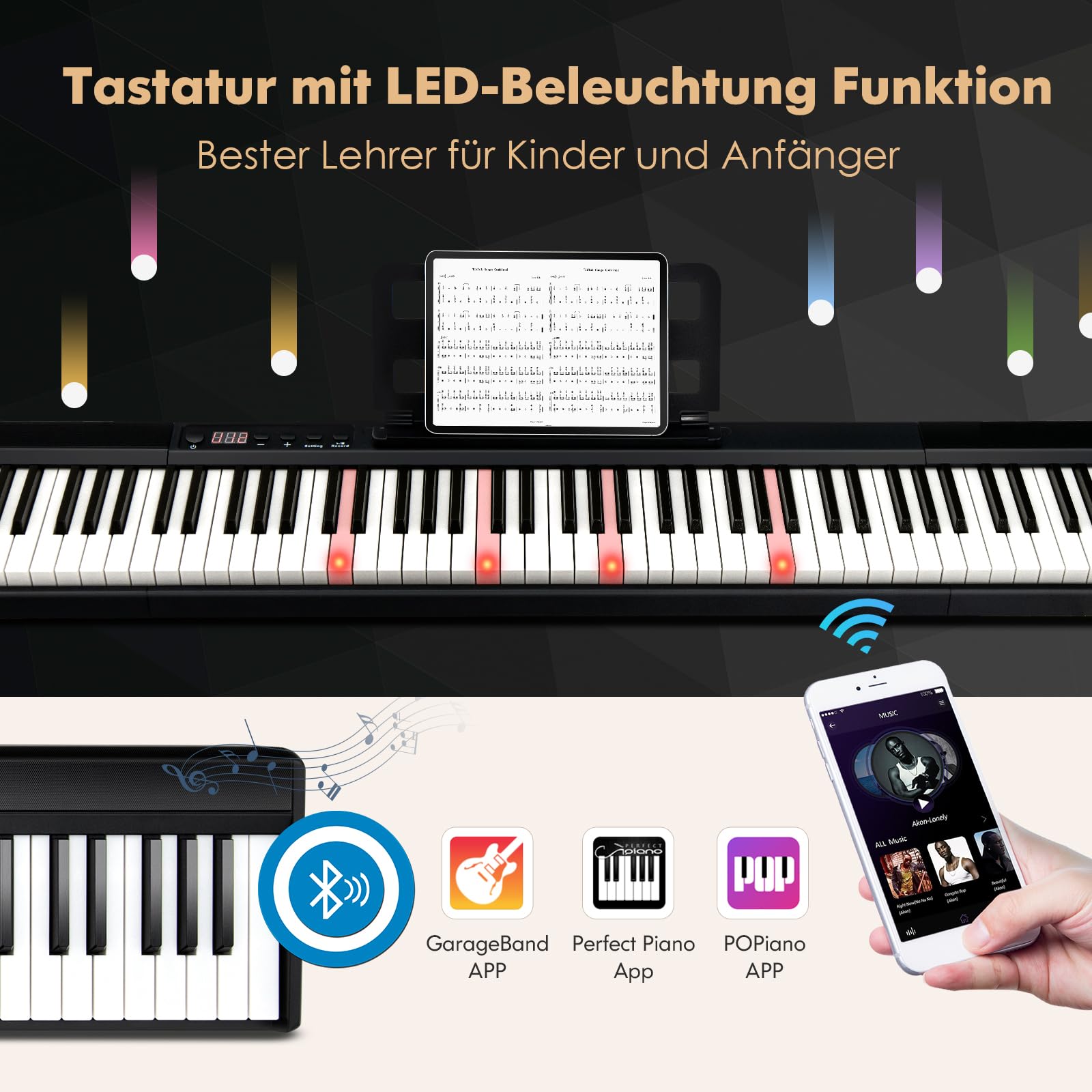 GOPLUS Pianino cyfrowe z 88 klawiszami, keyboard w pełnym rozmiarze, przenośne pianino elektryczne z torbą, pedał mocujący, funkcja dzielenia, Bluetooth i tryb nauczania, idealne dla dzieci i
