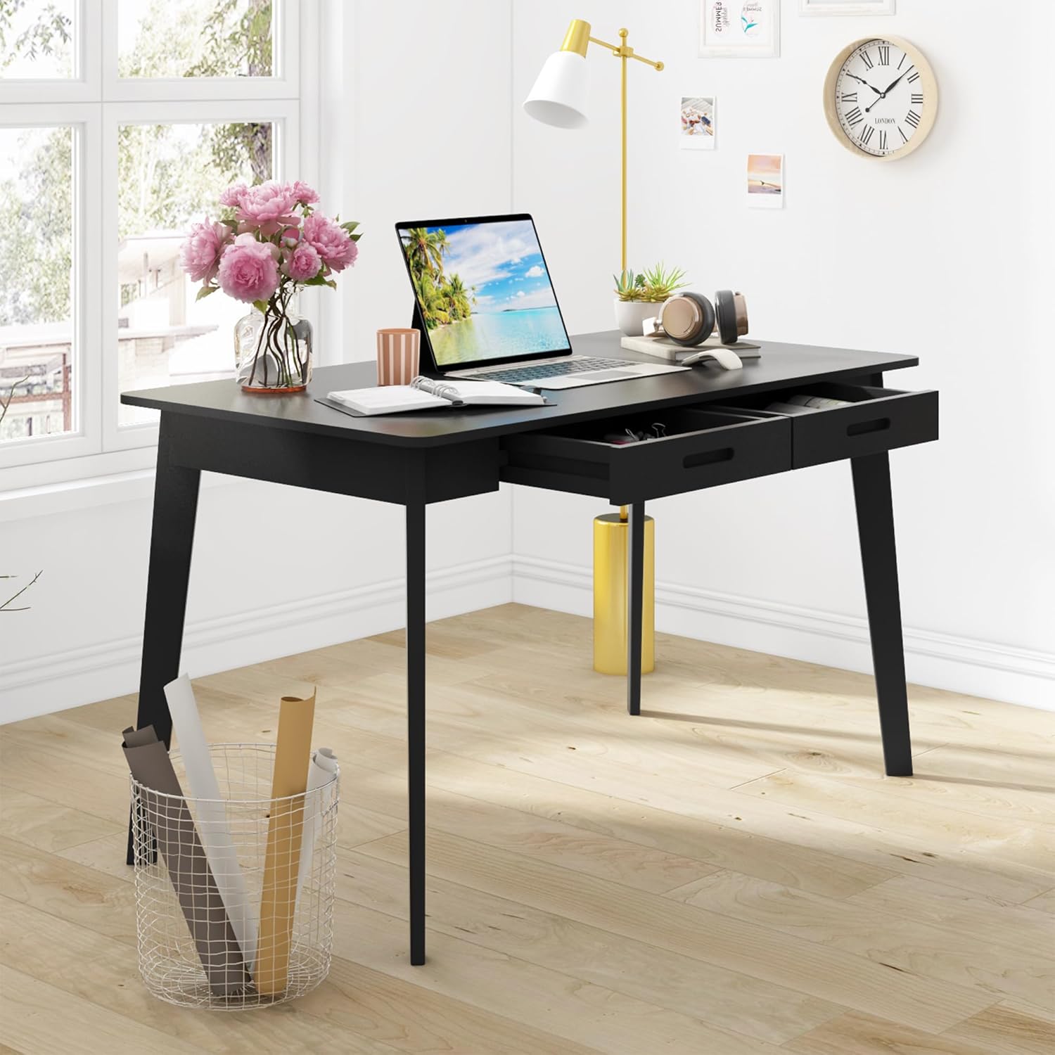Home Office Computer Desk Coner Desk with 2 Drawers, Study Writing Table for Home Office, Study, Black (47.2 ”W x 23.6”D x 29.1”H)
