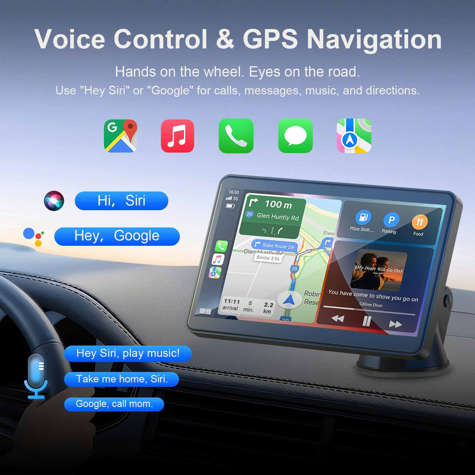 7" Portable Apple Car Play Screen for Vehicle, Wireless Android Auto & Apple Carplay Screen for Car with Backup Camera, Bluetooth, GPS Navigation, Voice Control, Mirror Link, FM, AUX - 4