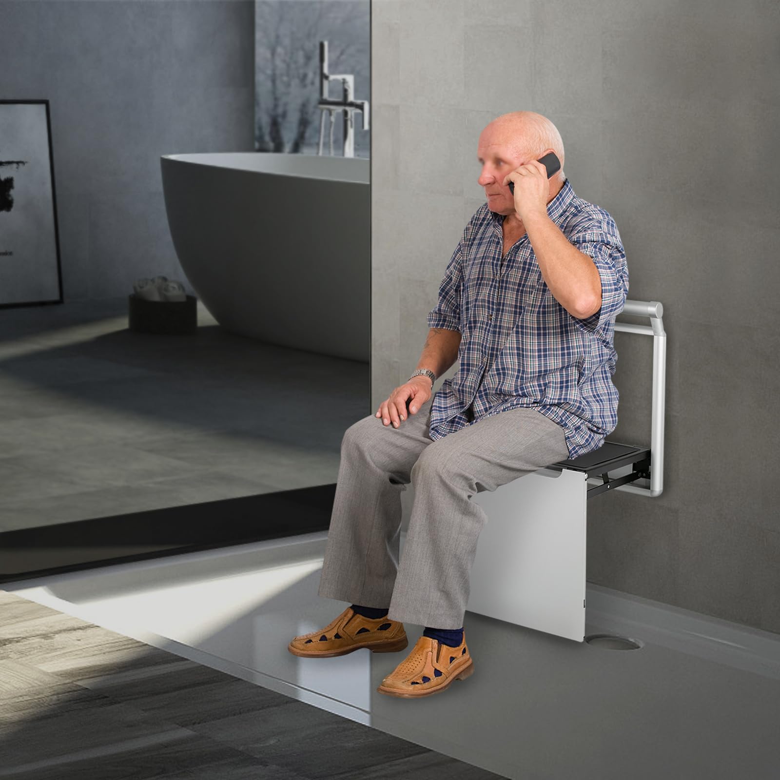 Silla de ducha plegable con reposabrazos, almohadillas antideslizantes – Plata para baño, lavandería y entrada