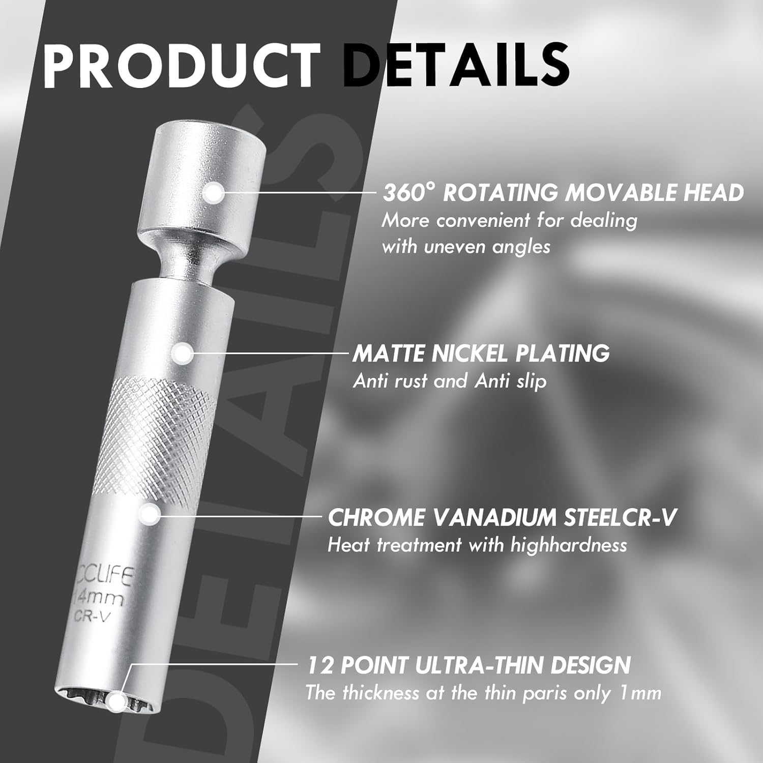 Product details highlighting swivel head, matte finish, CR-V material, and 12-point design