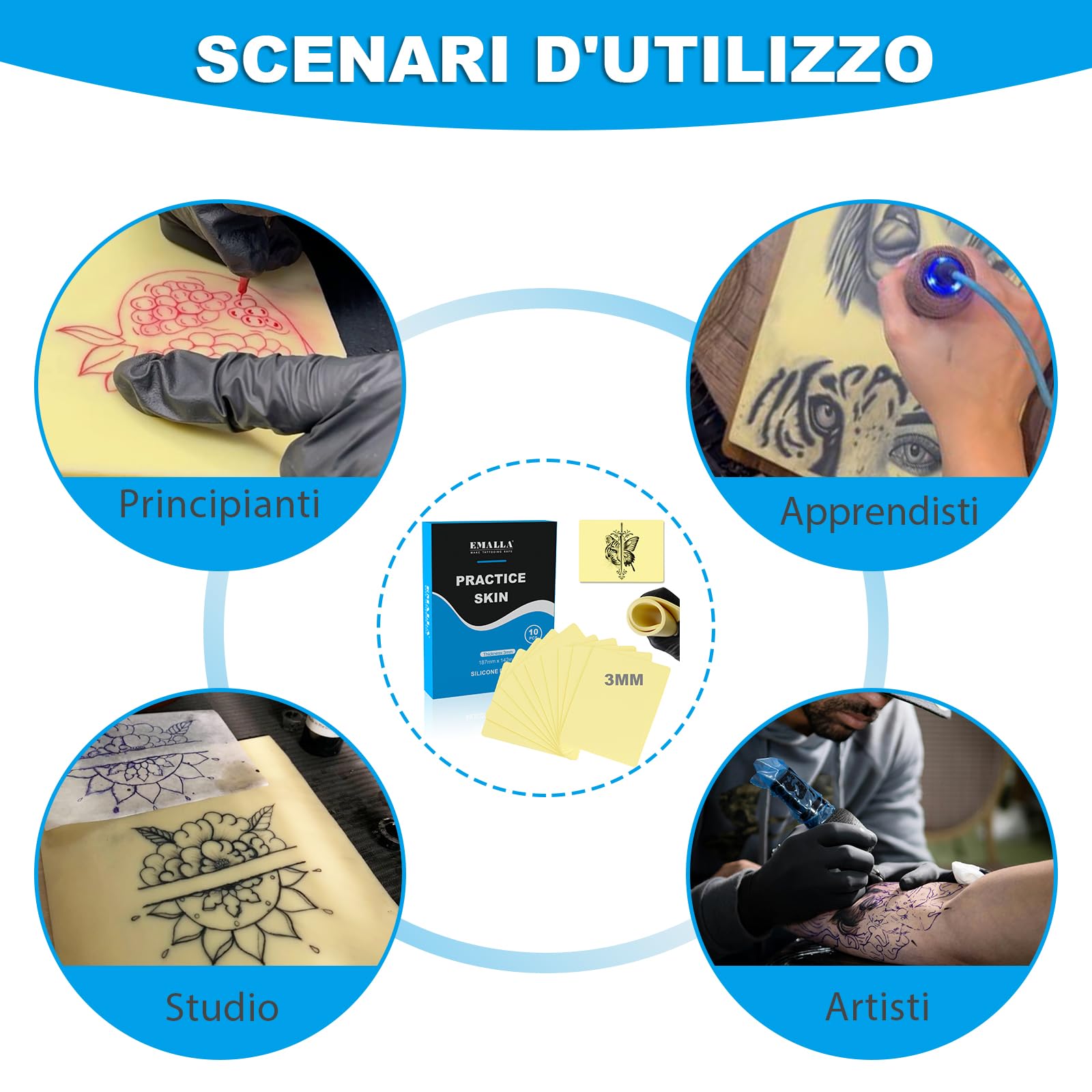 EMALLA Pelle Sintetica Tatuaggi 3mm 5 pezzi A4 Silicone Tatuaggio Pelle Finta 30cm x 20cm Tattoo Skin per Principianti e Artisti
