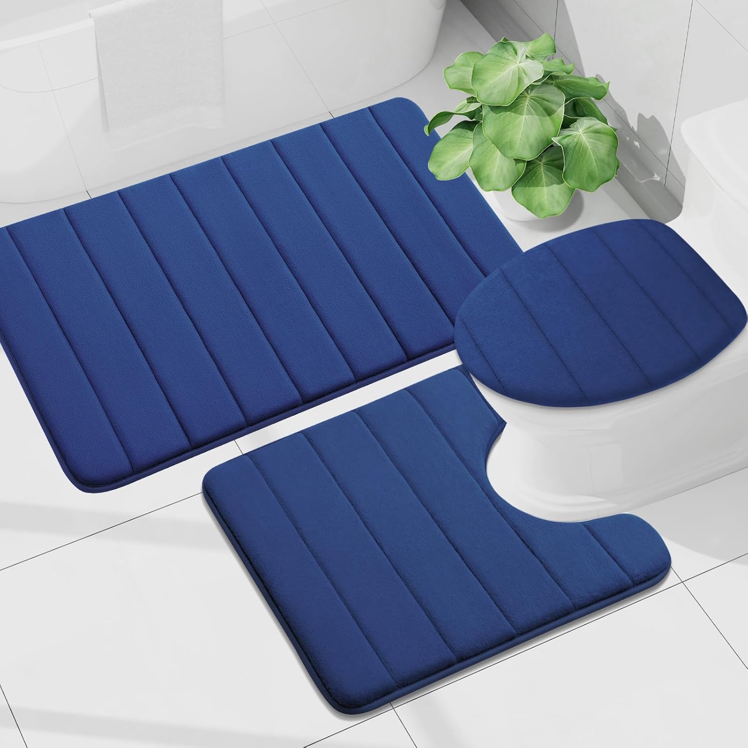 Buganda Bathroom Mat Set, 2 Piece Memory Foam Bath Mat and U-Shaped Toilet Rug, Machine Wash Dry, Soft Non Slip Absorbent Bath Rug for Bathroom, Shower and Tub (36" x 24"+24" x 20", Navy)