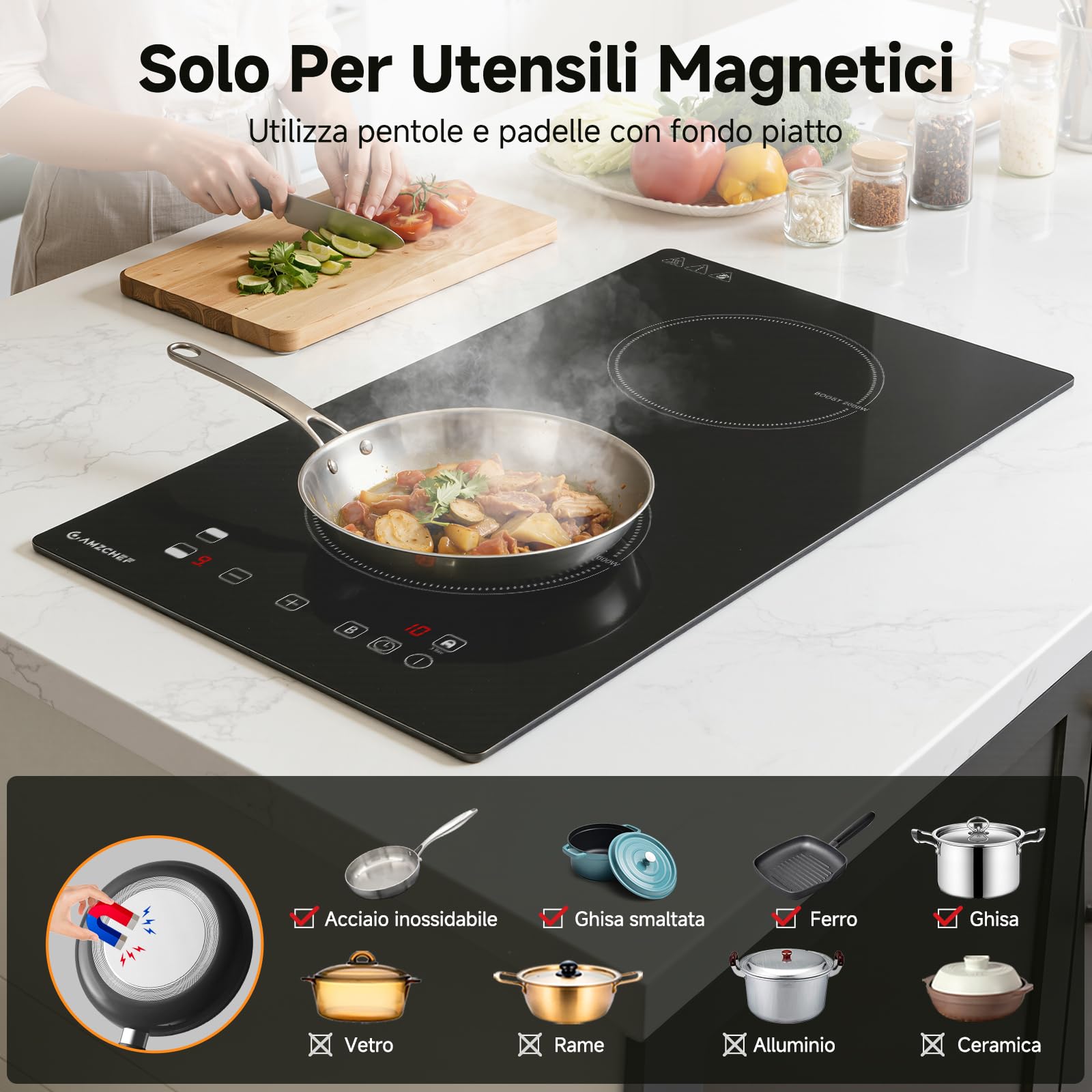 AMZCHEF piastra induzione 2 fuochi, con riscaldamento continuo, 10 livelli di potenza e funzione Boost, blocco di sicurezza e timer, protezione dal surriscaldamento, da incasso/portatile, 3700W