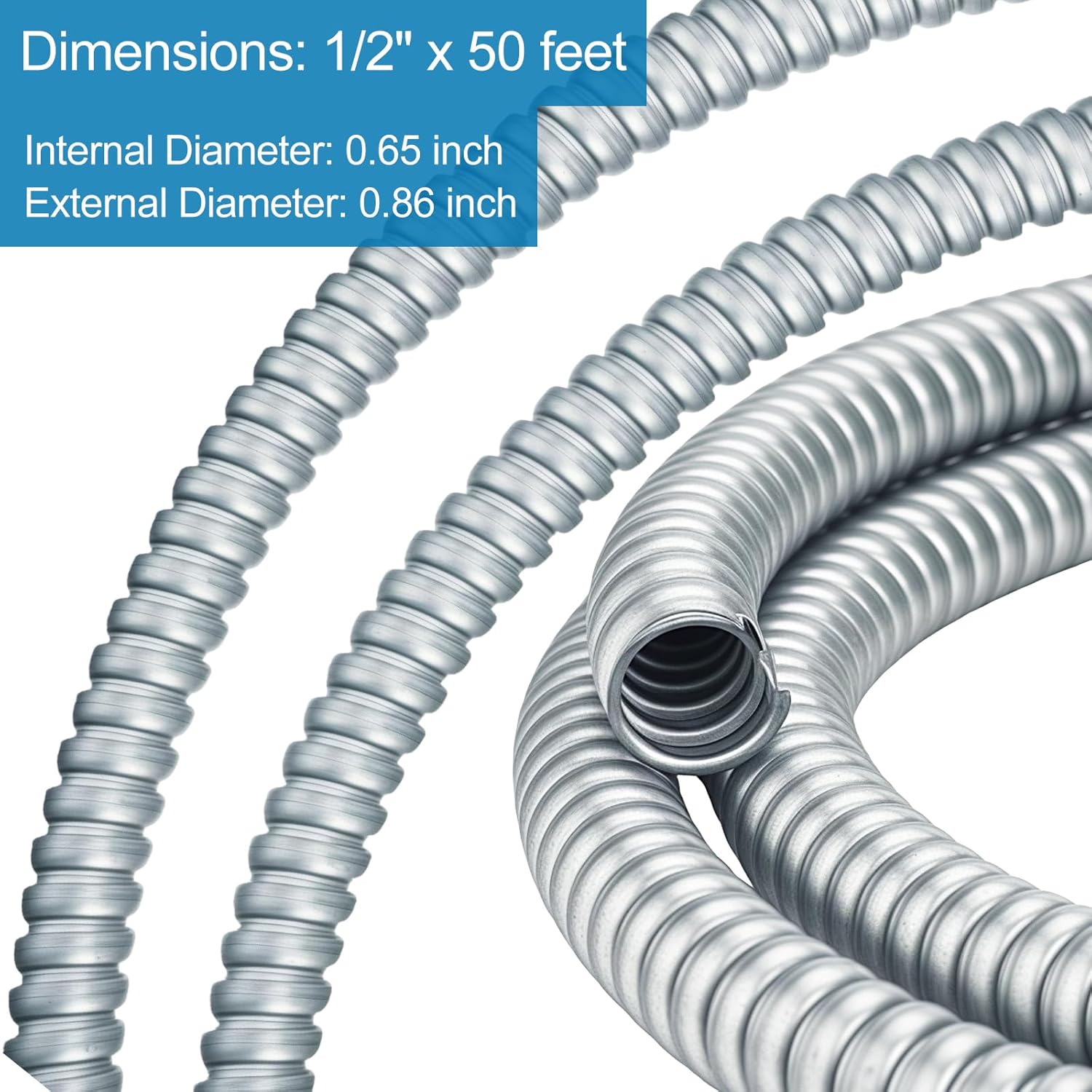 (1/2 inch-50 feet) eflyefly 1/2 Flexible Metal Electrical Conduit Kit，50 Feet of 1/2-inch Flexible Steel Conduit with 5 Pieces Couplings, 3 Pieces Elbows and 10 Pieces Strap
