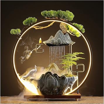 Peacock Tabletop Water Fountains Indoor Waterfall with Mist Zen Decor for Meditation Japanese Decor with Fake Plants Feng Shui Decoration for Good Luck Wealth