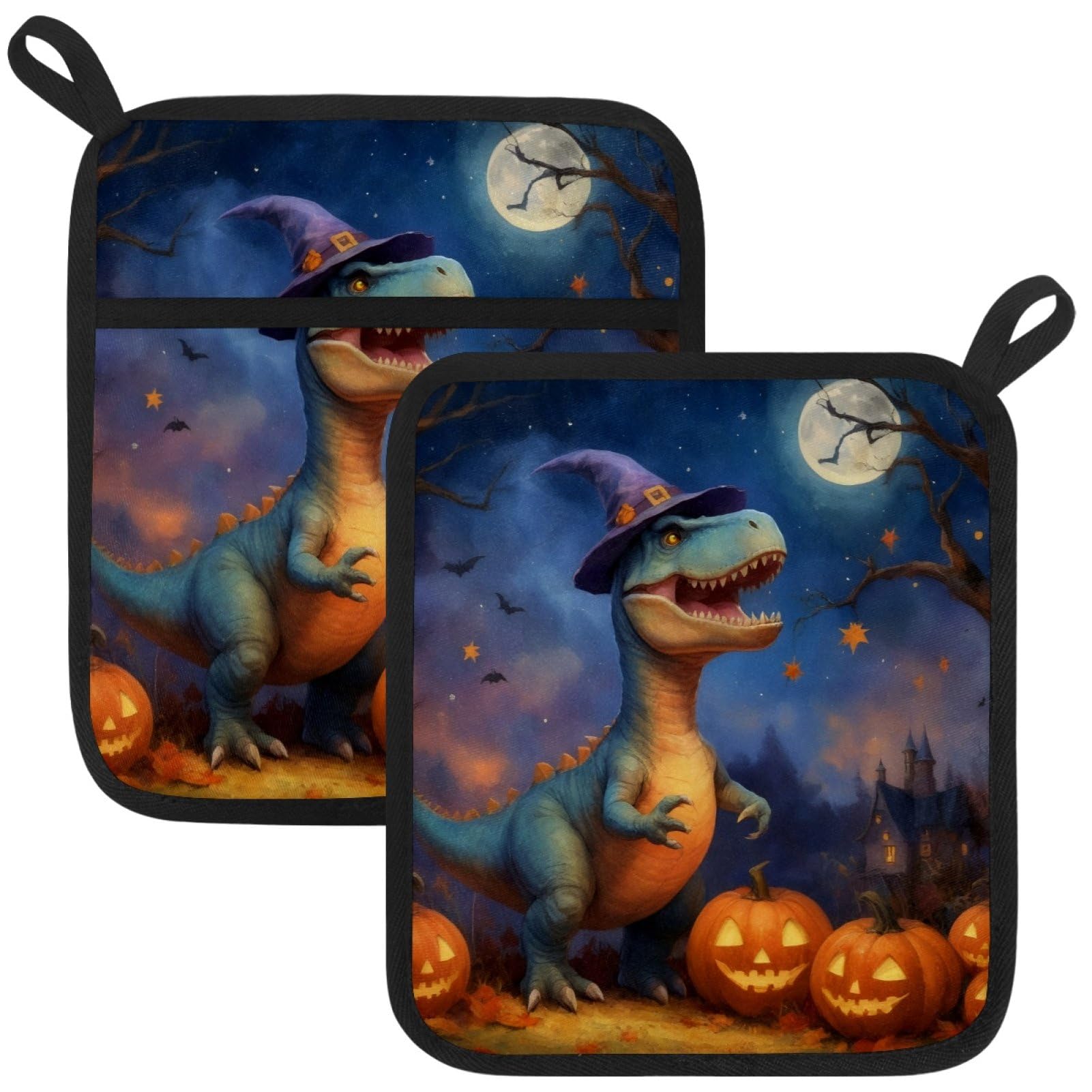VAPOKF Halloween Dinosaur Pot Holders with Pocket for Kitchen Heat Resistant Potholders Large Polyester-Cotton Square Oven Mitts Set