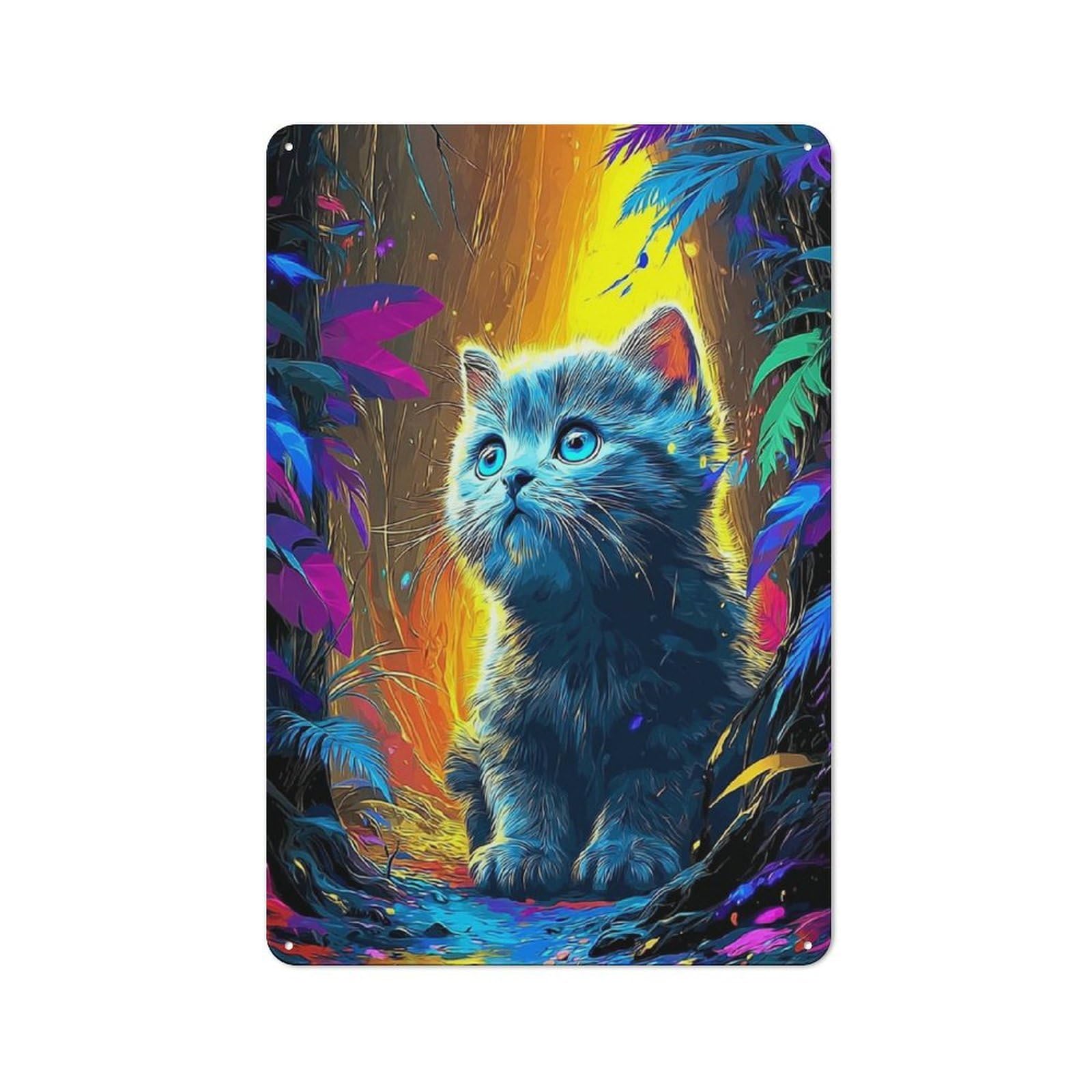 Neon Kitten in Vibrant Jungle Metal Wall Plaque, Easy to Hang Plaque for Home Cafe, Breakfast Area Or Pantry Wall, 30x20cm