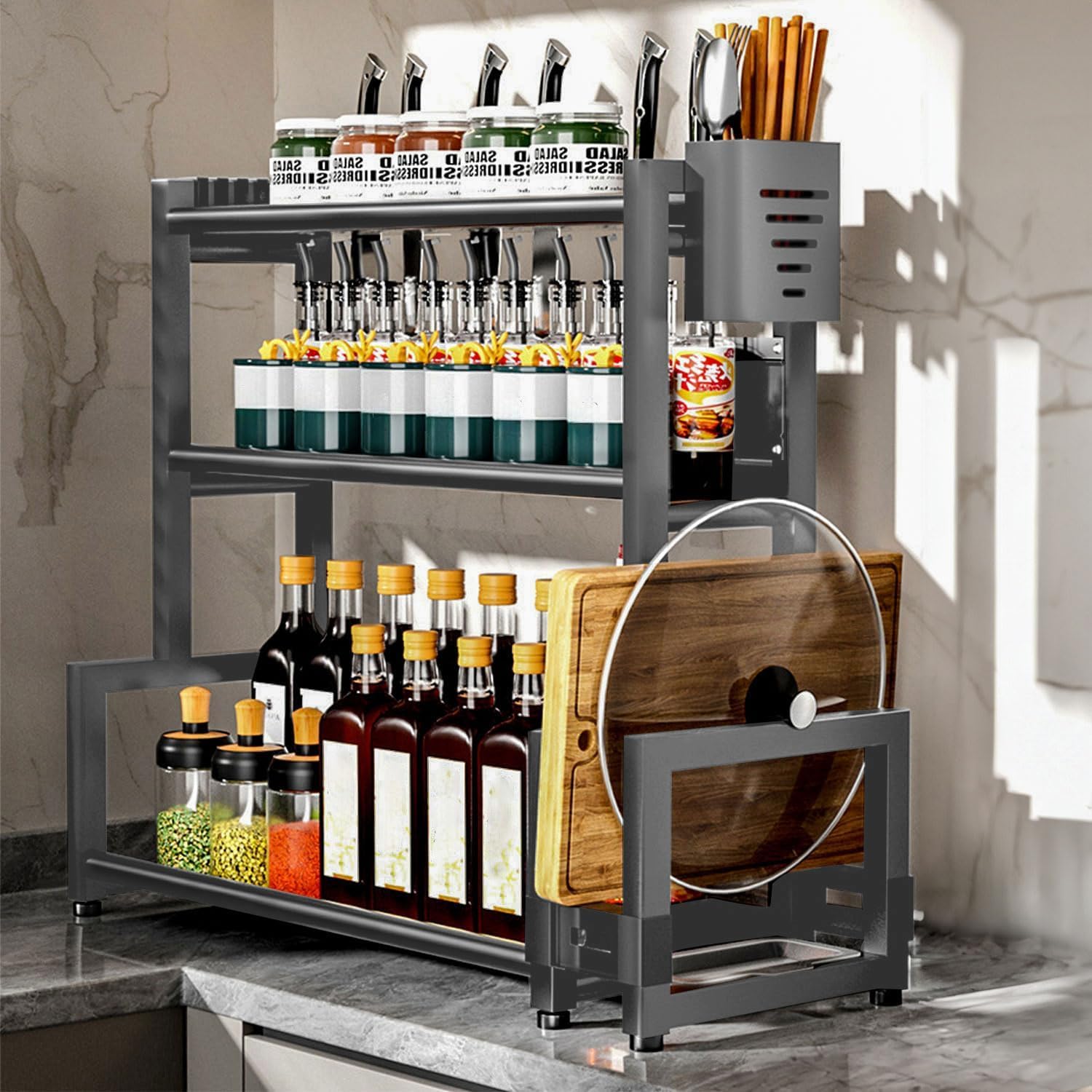 Dratal Spice Rack Standing, 3 Tier Large Capacity Spice Jars Kitchen Rack,Kitchen Storage Shelf Organizer, metal Rustproof Organizer with Utensil Cutlery Holder Cutting Board Rack Hooks (DT-08)