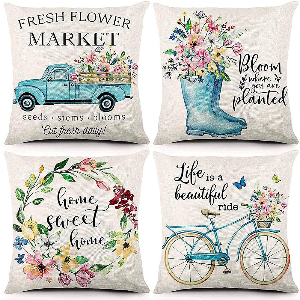 CTRLZS Spring Pillow Covers 18X18Inch Throw Pillow Case Set of 4, Farmhouse Cushion Case Home Decor