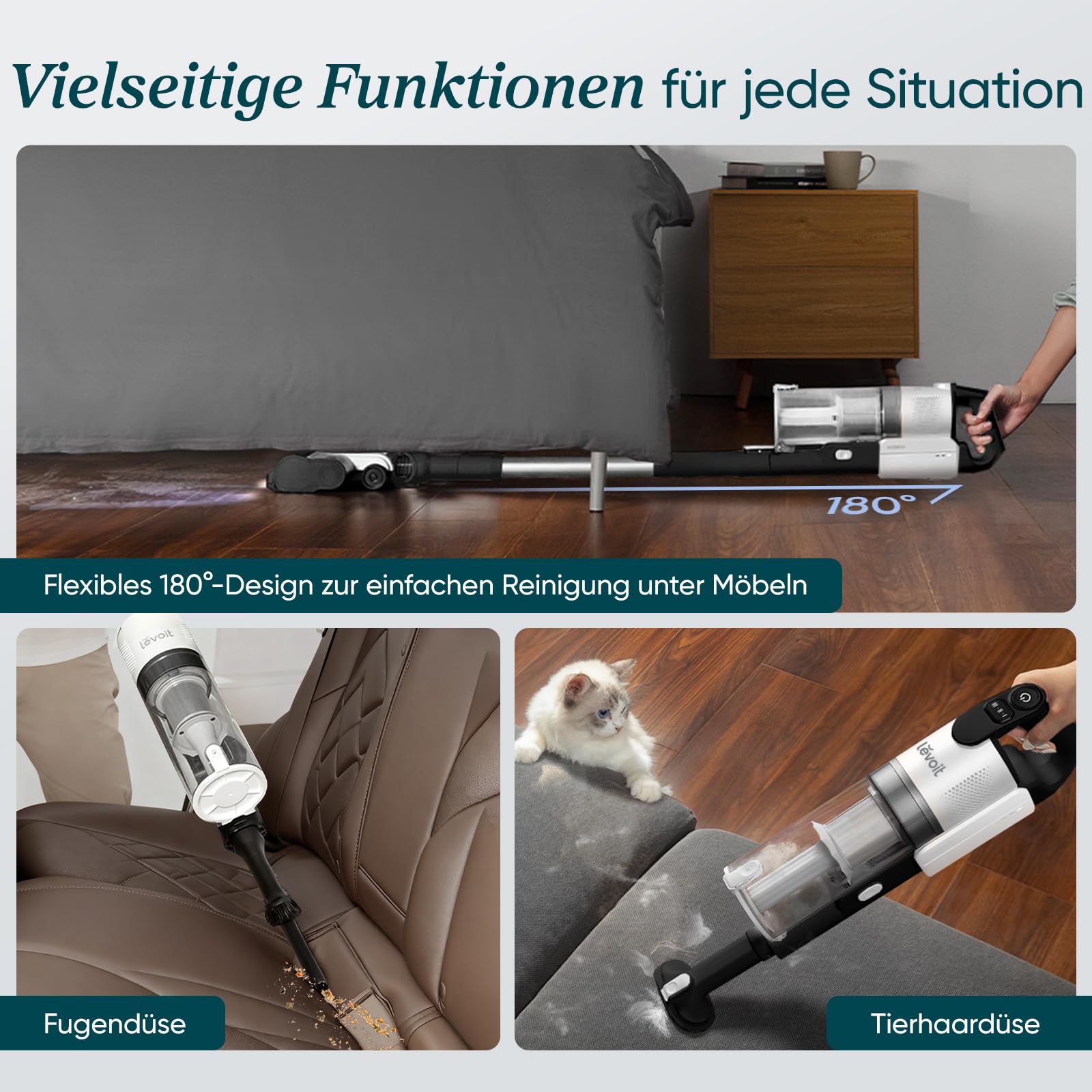Levoit - Akku Staubsauger - Laufzeit für 75㎡ - Staubsauger Kabellos - 4-in-1 Vacuum Cleaner - 99,9 Prozent Filterleistung - Anti Tangle -Für Tierhaare/Teppiche/Hartböden/Auto - LVAC-200