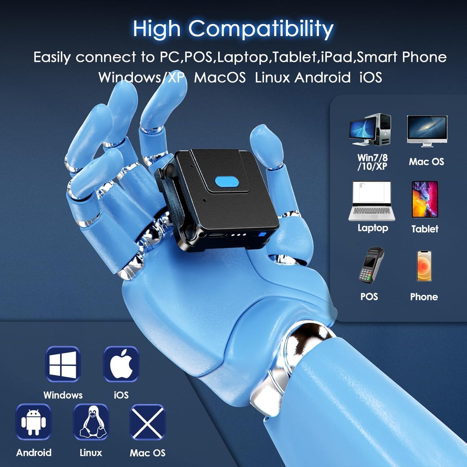 Eyoyo 2D Wearable Guante Bluetooth escáner de código de barras, la mano izquierda y derecha Wearable, portátil 1D 2D dedo anillo inalámbrico lector de código de barras Inventario Compatible con iPhone