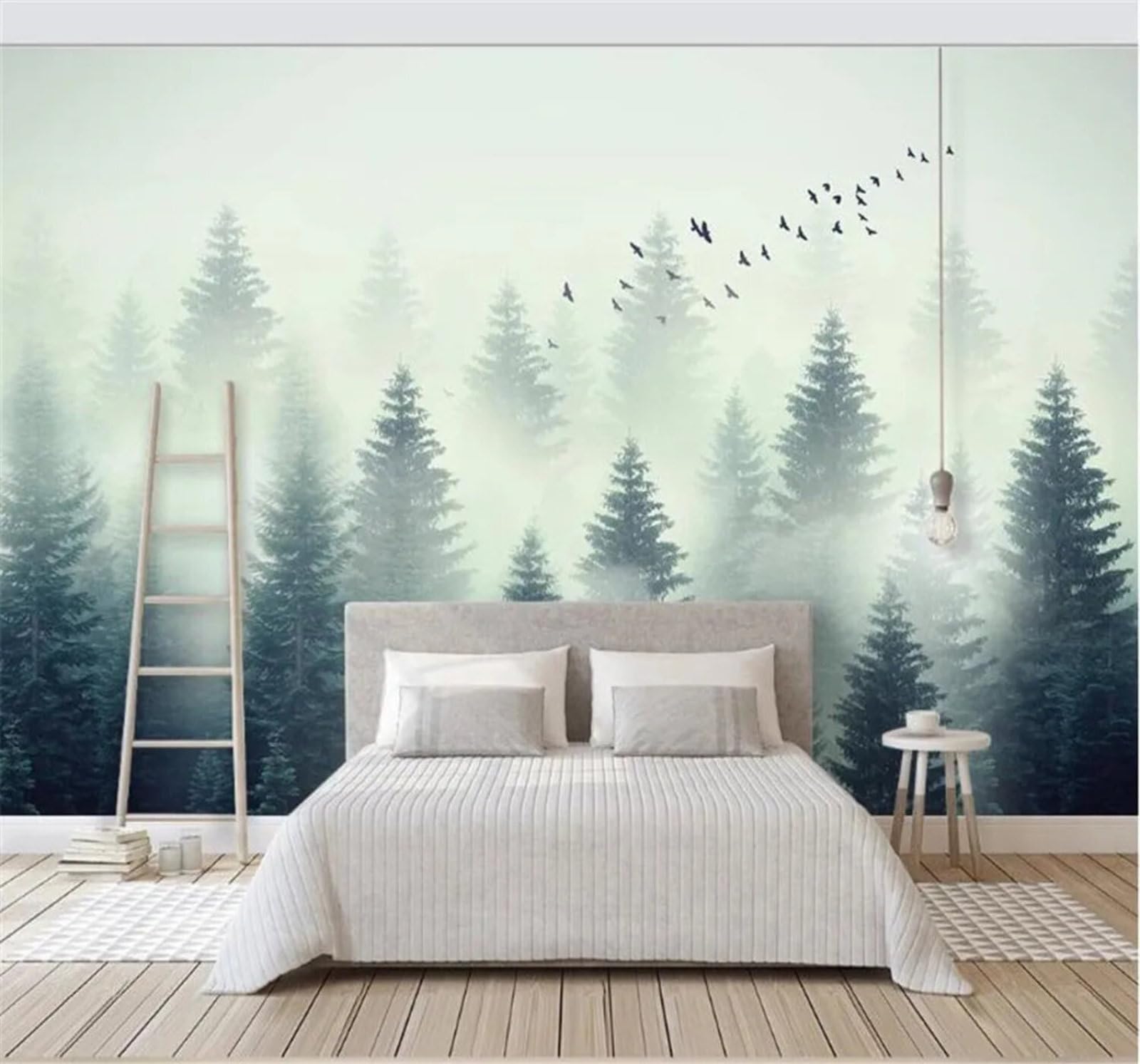 Tzxztt Fresh Pine Forest Mist Birds in Flight Scenery Modern 3D Wallpaper Premium Textured Silk Neutral Tones Material Ideal for Living Room Bedroom-150cm×105cm