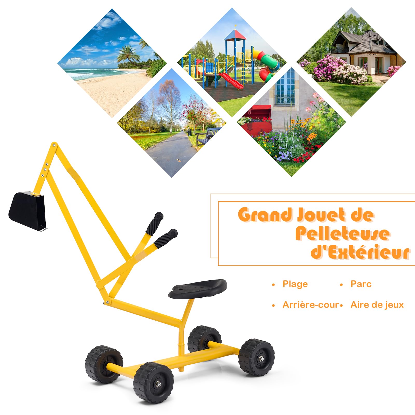 GOPLUS Jouet Pelle Sable pour Enfant, Jouets de Sable Digger pour Plage Pelleteuse avec Siège Pivotant à 360 Degrés, 2 Bras et 4 Roues Antidérapantes, Convient pour Enfants de 4 à 12 Ans (Jaune)