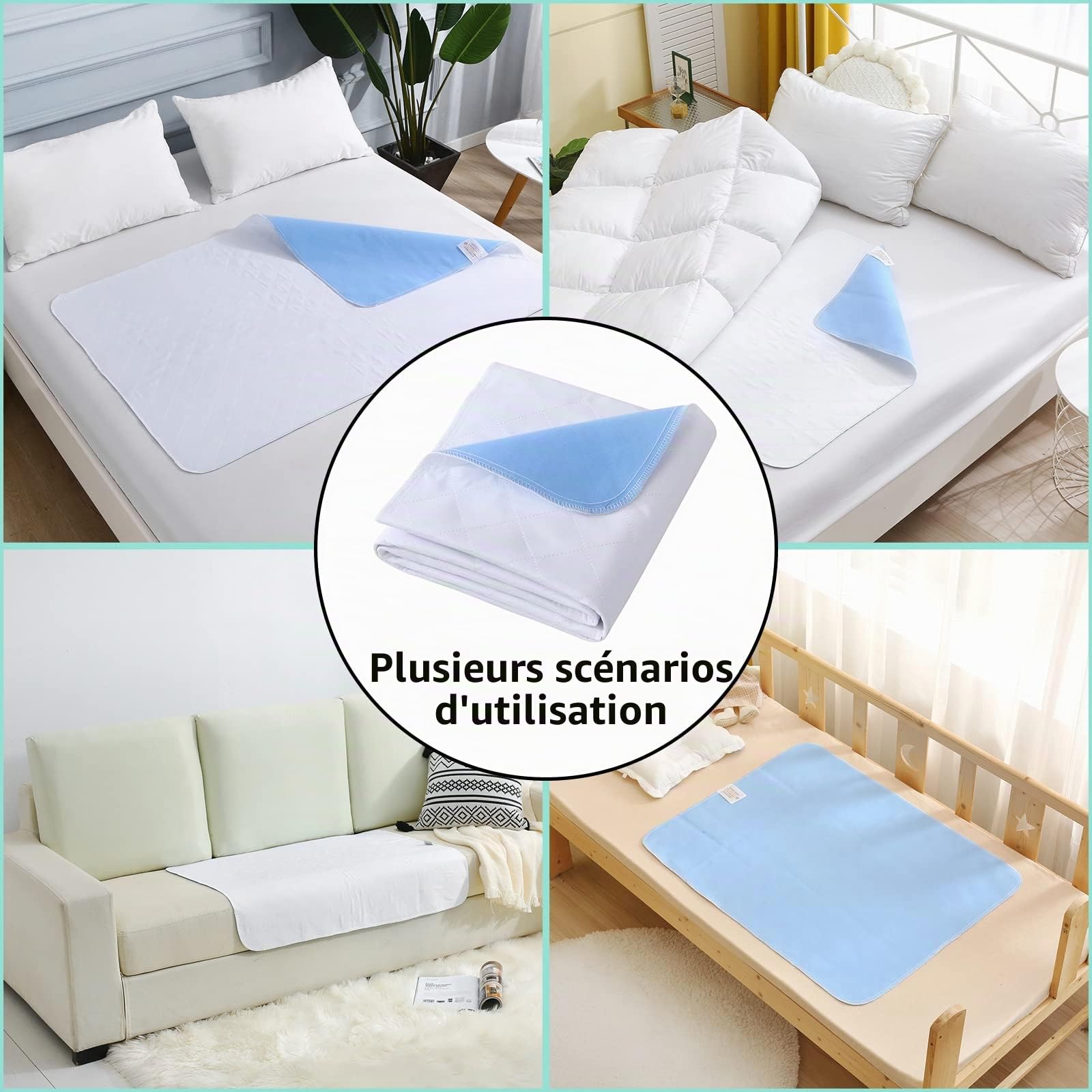 Lot de 2 alèses pour incontinence lavables 70 × 90 cm en non-tissé, protège-matelas imperméable et lavable, Bleu-blanc