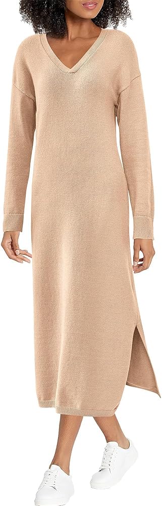 BTFBM Womens Fall Fashion 2025 Sweater Dress Casual V Neck Long Sleeve Slit  Knit Oversized Sweaters Winter Maxi Dresses(Beige, Small) at Amazon Women's  Clothing store