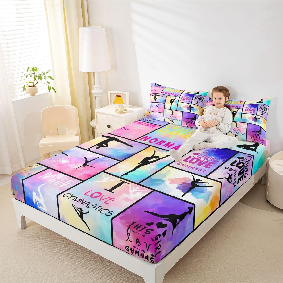 Erosebridal Gymnastics Fitted Sheet for Girls Women Rainbow Tie Dye Bed Sheets Queen Size Gymnast Dancers Bedding Set