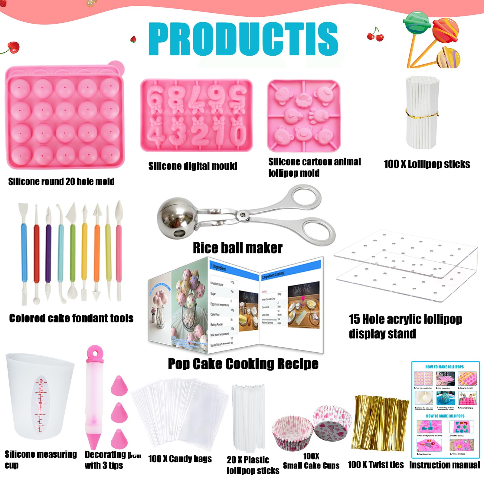Cake Pop Maker Kit 336-teilig mit 5 Silikonform-Sets – 3-stöckiger Präsentationsständer, Schmelztopf für Schokolade, Süßigkeiten, Spritztüllen und Koppler, Messbecher, Muffin-Cupcakes,