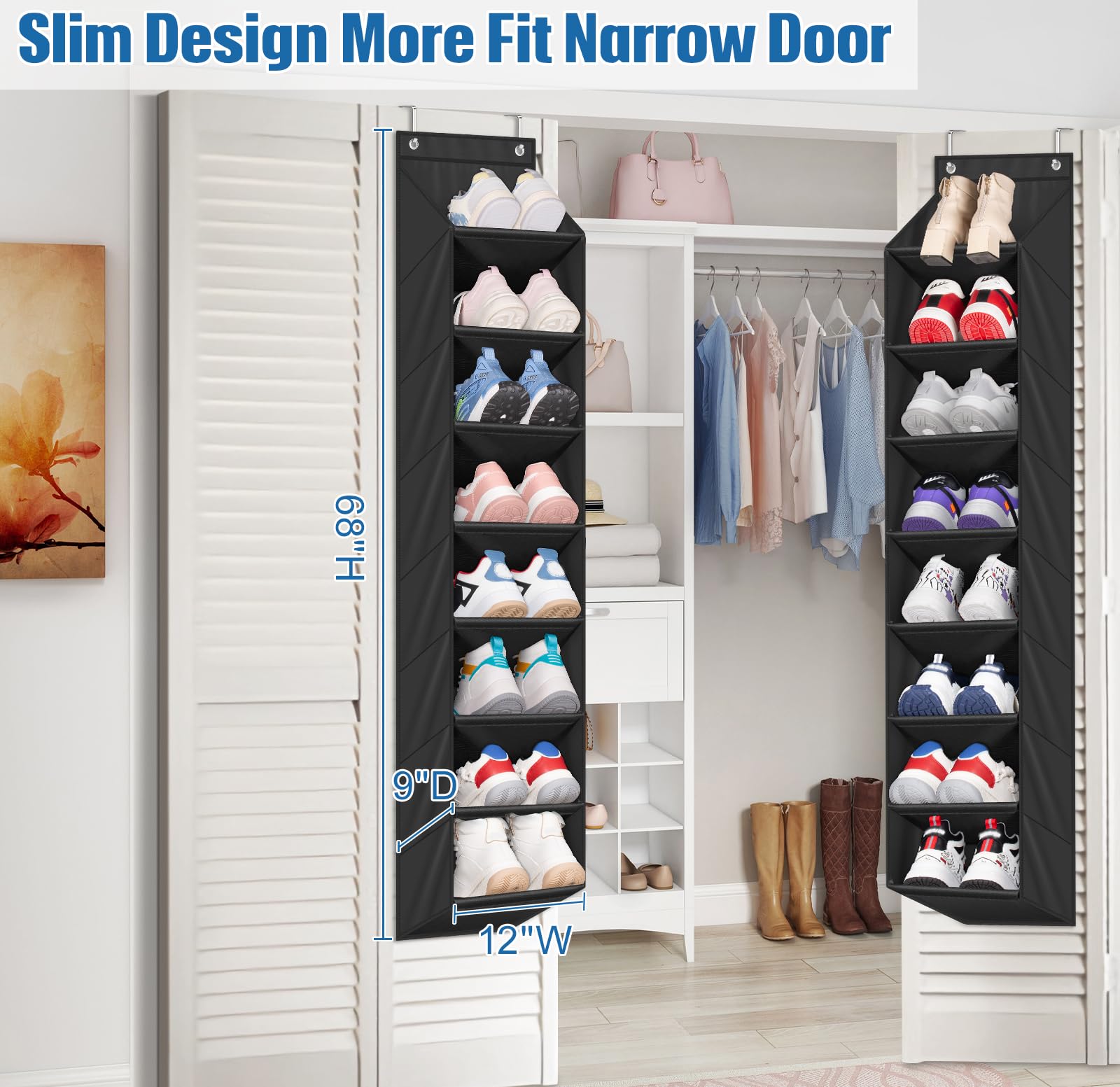 SLEEPING LAMB Paquete de 2 organizadores de zapatos estrechos sobre la puerta con 8 bolsillos grandes profundos, zapatero colgante para almacenamiento en puerta de armario para botas, tenis (negro)