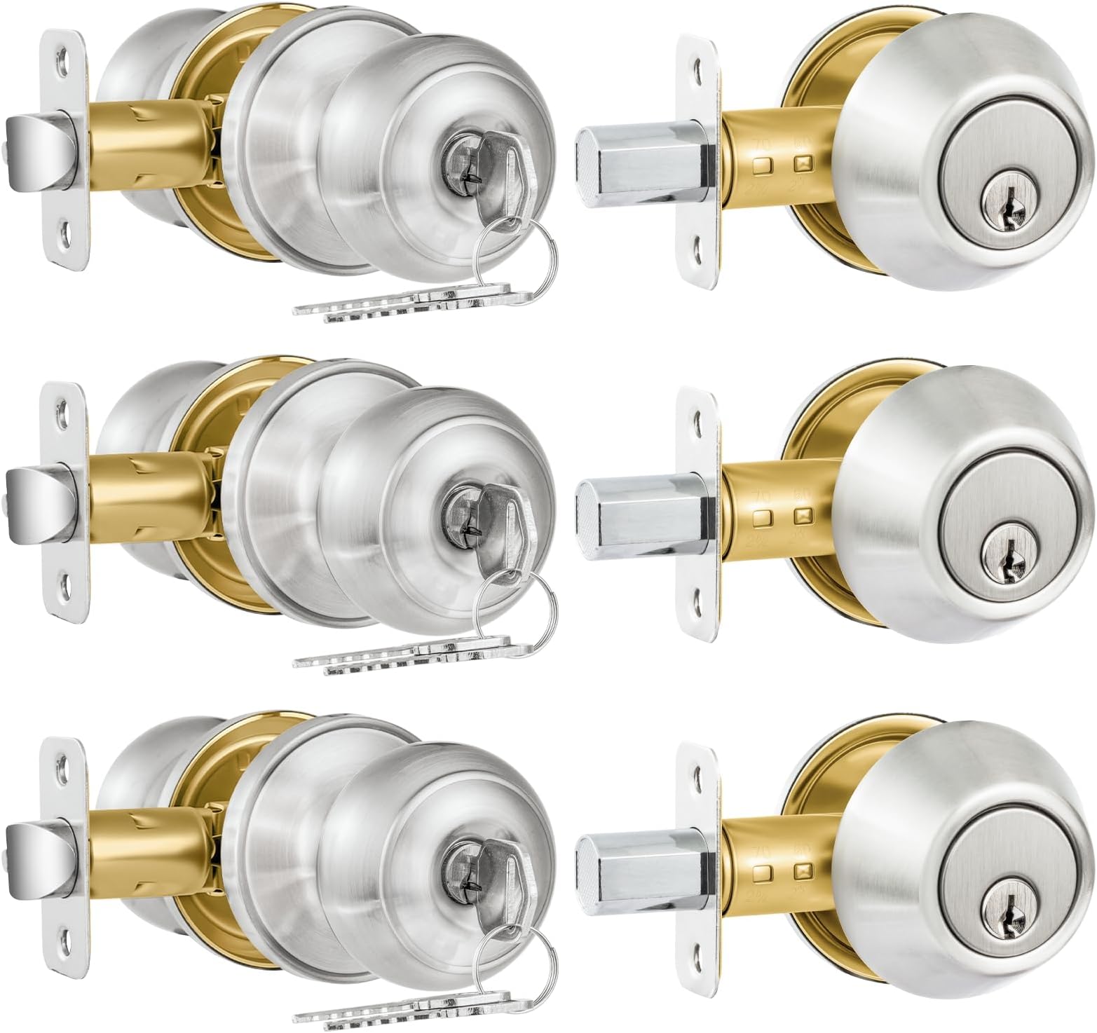 3 Pack Entry Door Lock and Single Cylinder Deadbolt Combo Set, Keyed Alike Satin Nickel Exterior Door Knobs with Lock&Keys, Round Ball Door Locksets with Deadbolt for Entrance and Front Door