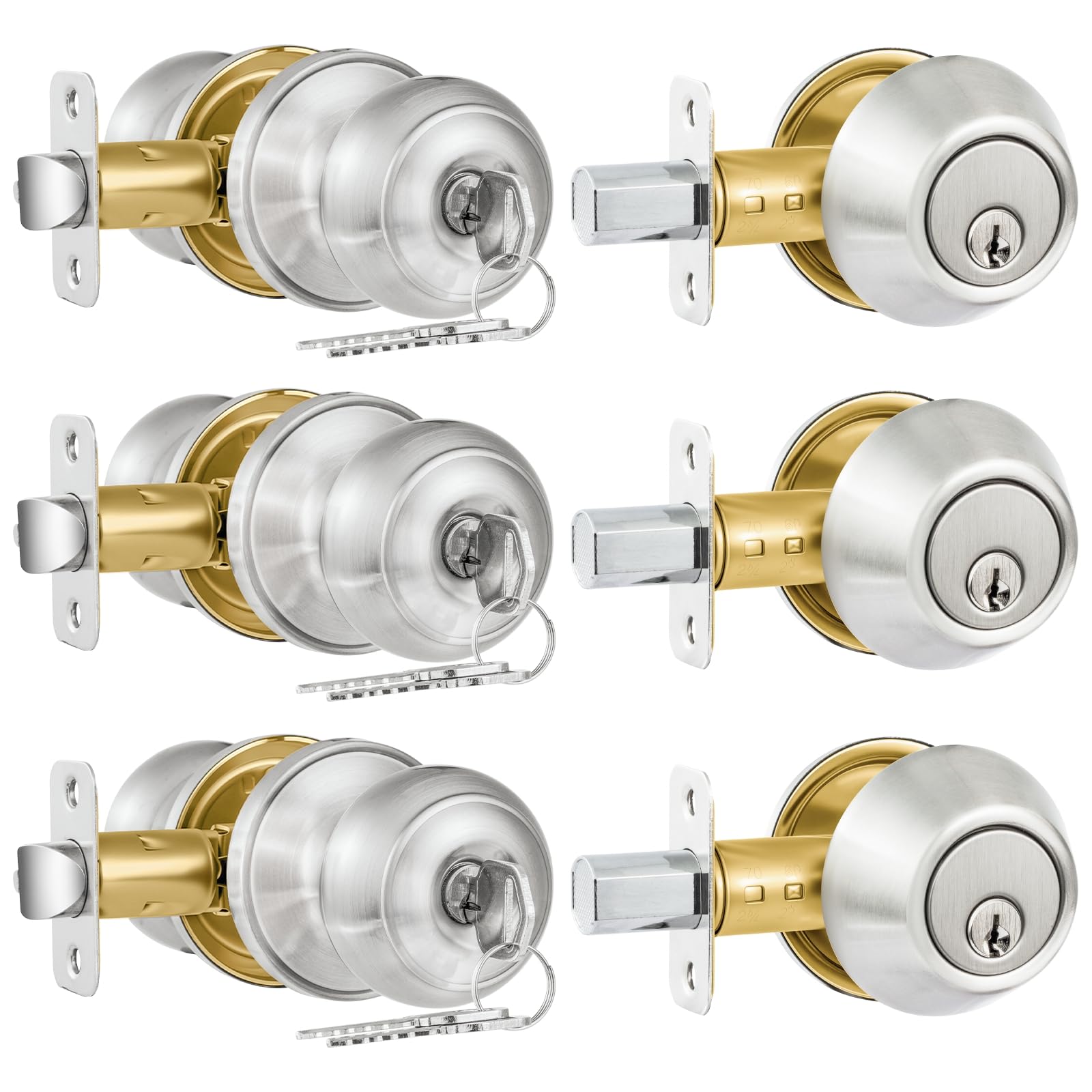 3 Pack Entry Door Lock and Single Cylinder Deadbolt Combo Set, Keyed Alike Satin Nickel Exterior Door Knobs with Lock&Keys, Round Ball Door Locksets with Deadbolt for Entrance and Front Door