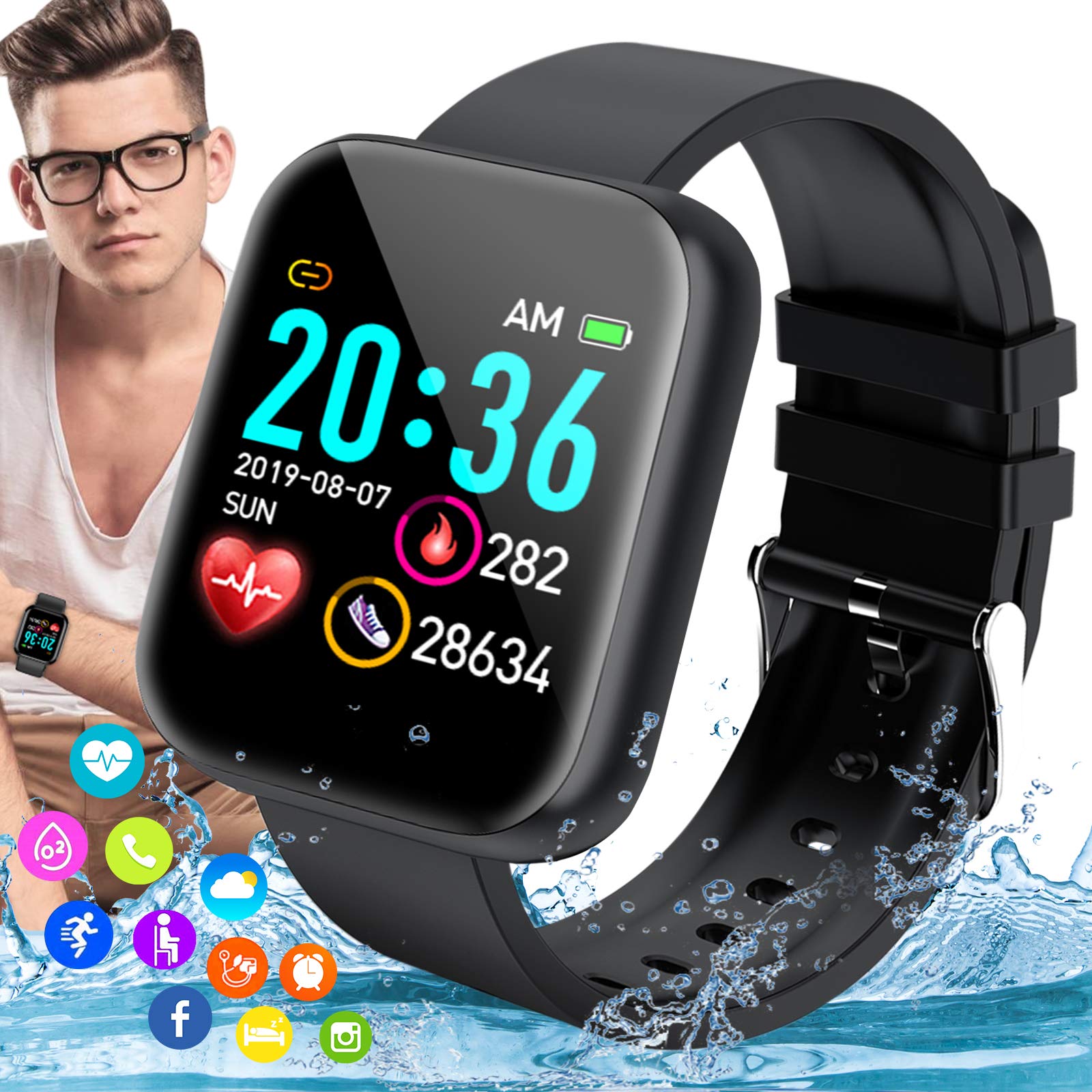 Smart Watch, Ip67 Waterproof Smartwatch for Android Phones, Sport Fitness Watch with Blood Pressure Heart Rate Monitor with Pedometer Calorie Compatiable for Samsung Women Men