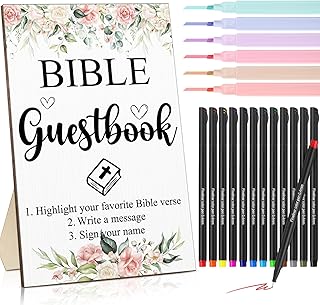 Geelin 19 Pcs Bible Wedding Guestbook Sign and Pens Set Greenery Wooden Standing Bible Guest Book Sign 6 Highlighters 12 Fine Point Pens for Baby Shower Bridal Shower Party (Flower)