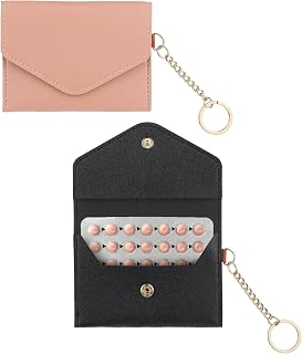 2 Pack Birth Control Pill Case Sleeve Packet 4.3 X 3.2 Inch PU Leather Wallet Pill Holder Privacy Protection Birth Control Pill Wallet with Key Ring for Pill Card Organizer (Pink, Black)