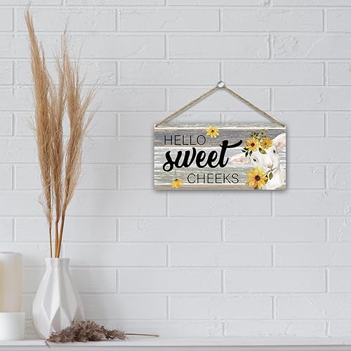 Miniatura 3 de Letreros de madera para colgar en la puerta del baño de Aries de 10 x 5 pulgadas, letrero rústico de Hello Sweet Cheeks, decoración de baño para el