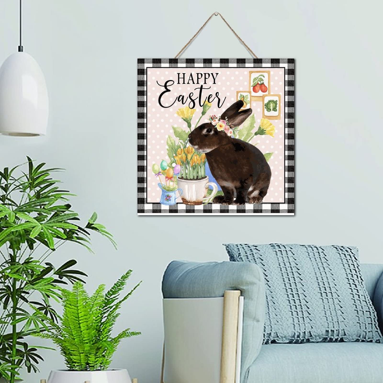 Cuadro de madera rústico de conejo de Pascua estilo vintage retro 1