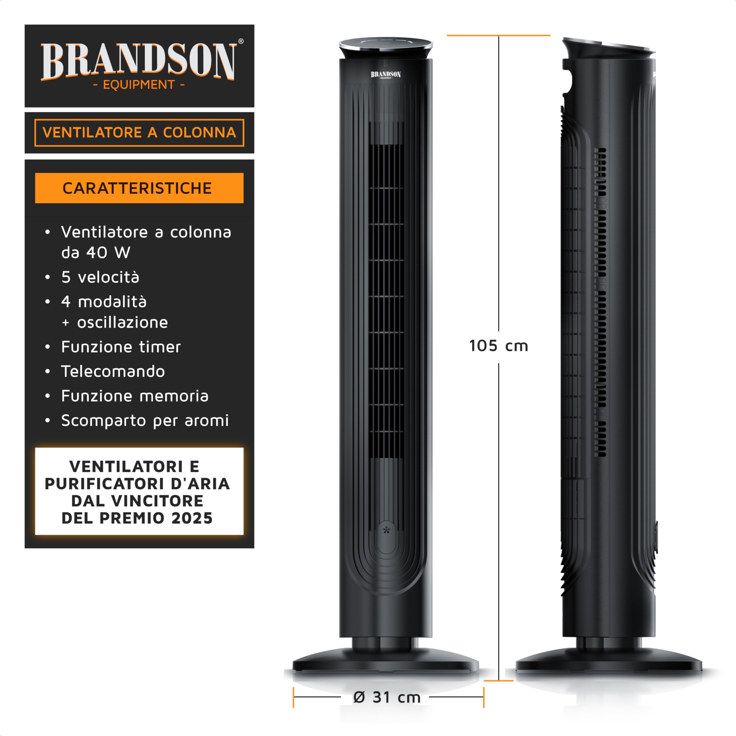 Brandson - Ventilatore a torre con telecomando - vano aroma - molto silenzioso - oscillazione - timer - 4 modalità - 5 livelli di velocità - indicatore LED - nero