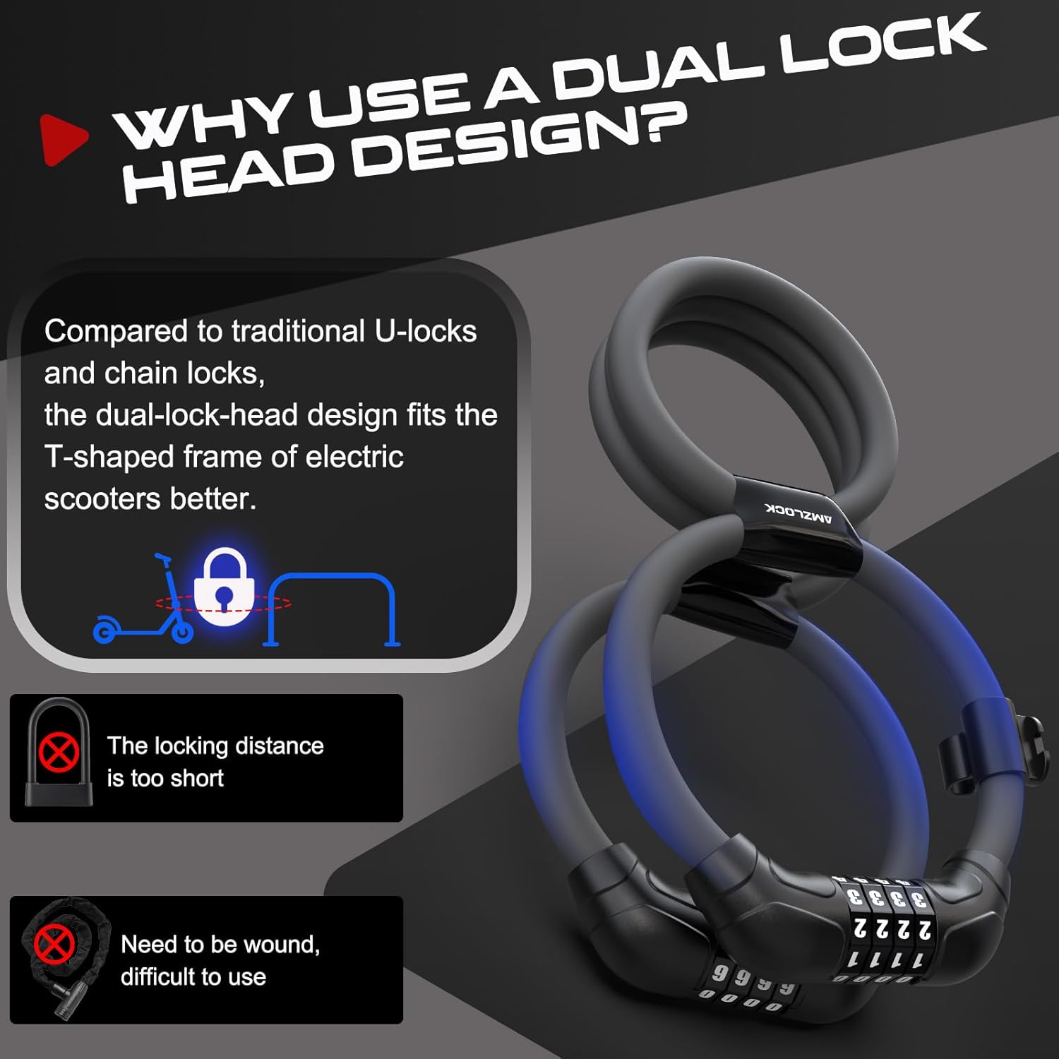 Electric Scooter Lock with Bracket, Double-Sided Combination Cable Lock, Durable & Lightweight Bicycle with 4-Digit Code for Easy Access, Lock for Bike & Motorcycle, etc