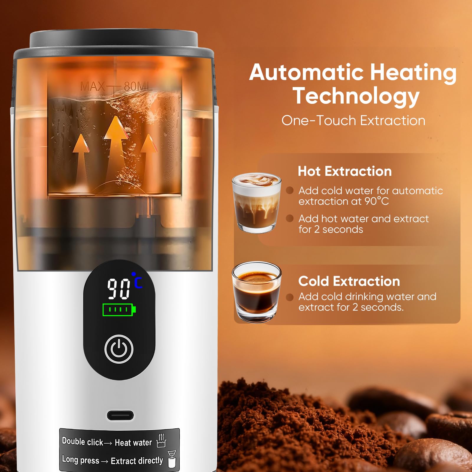Machine à Café Portable 3 en 1 avec Batterie, Machine à Espresso USB-C pour Voiture, Compatible avec Capsules et Café Moulu, Gadget pour Camping-Car et Cadeau Camping, Blanc