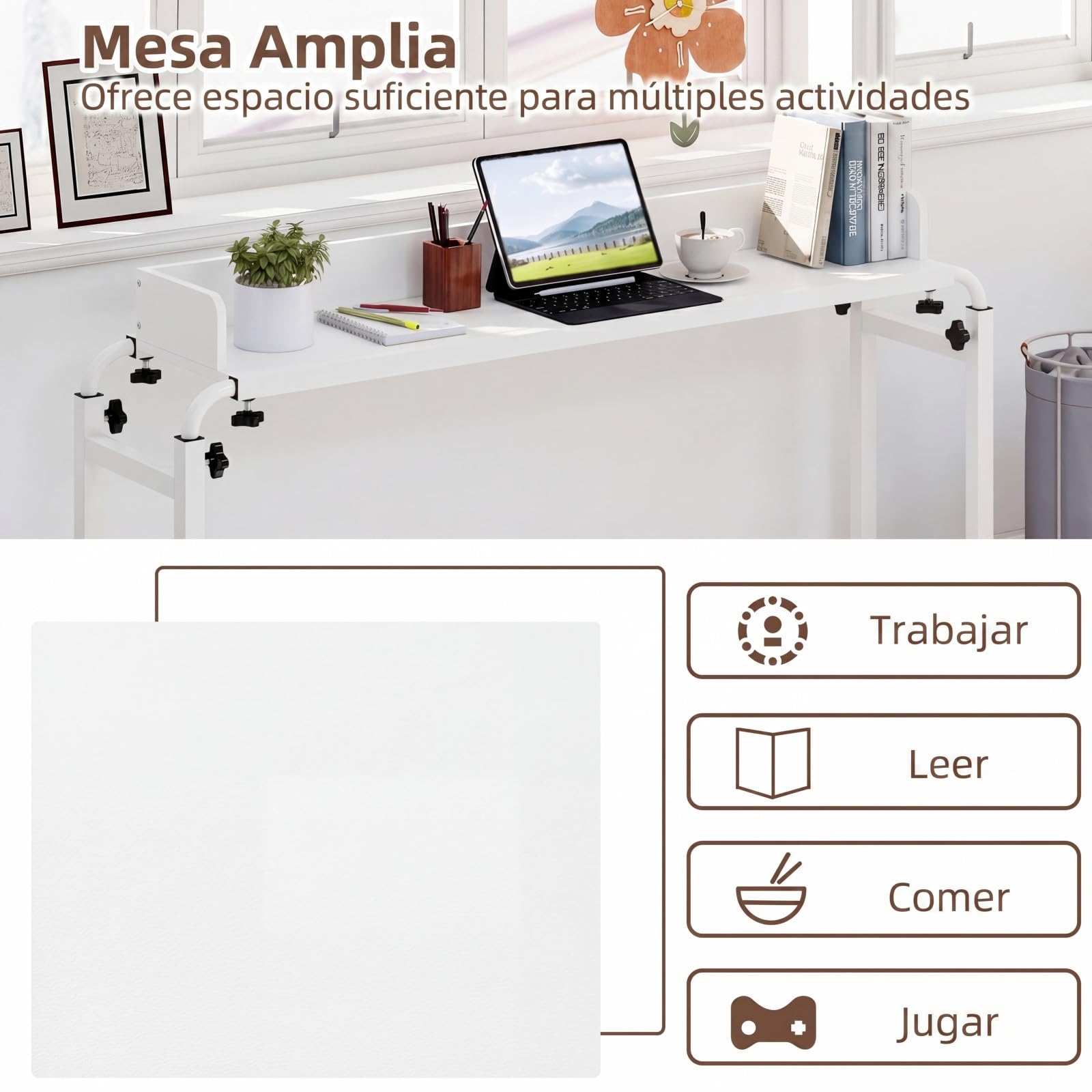 COSTWAY Mesa de Sobrecama con Ruedas, Altura y Longitud Ajustables, Escritorio Queen, Marco Metálico, Mesa para Cama, Dormitorio,135,5-206 x 40 x 73,5-102,5 cm (Blanco)