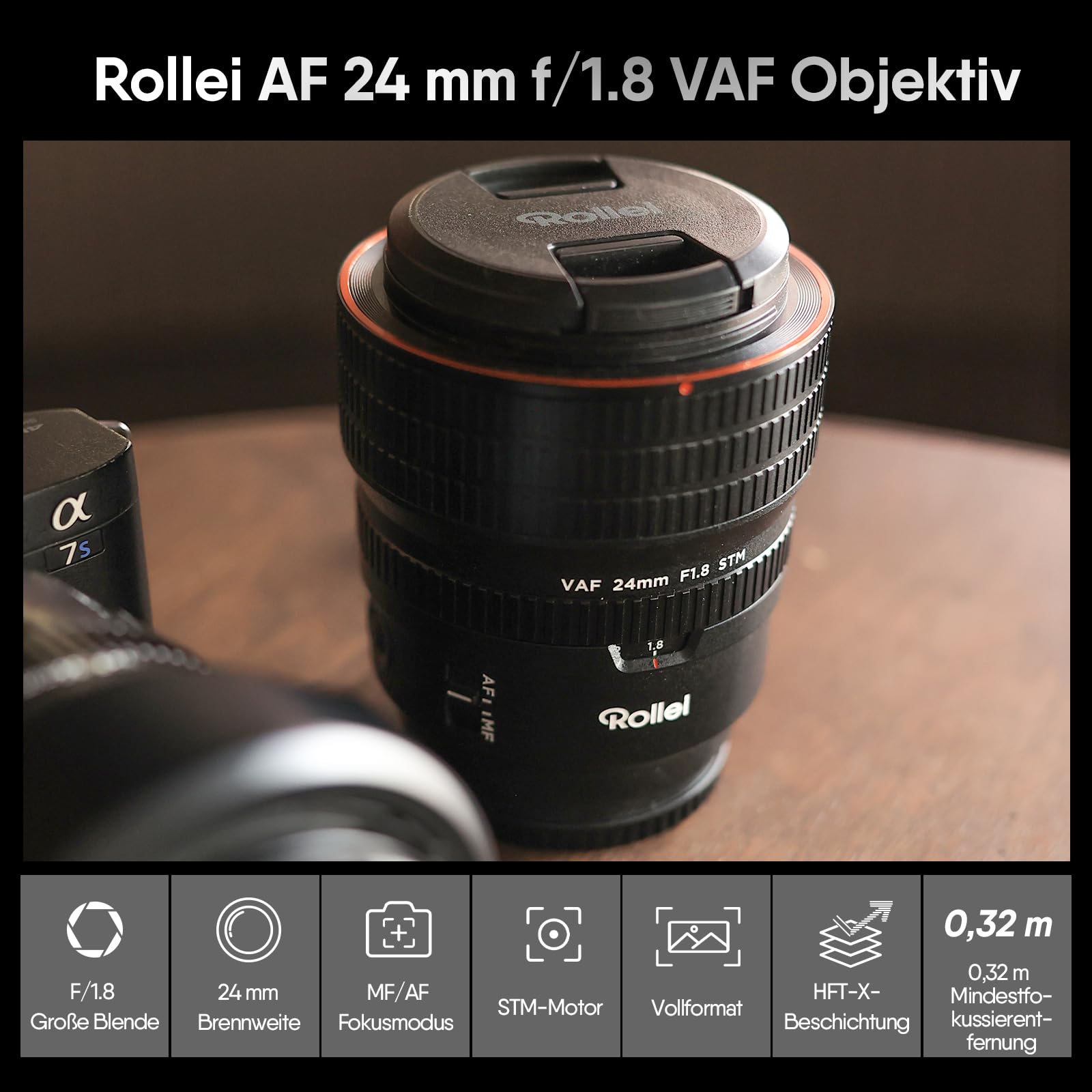 Rollei AF 24 mm F/1.8 Vollformat Objektiv für Sony FE mit STM-Autofokus | Vollmetall Gehäuse 477g Kompatibel mit APS-C FX30/ZV-E10/A6000–A6700/A5000/A5100 und Full Frame ZV-E1/FX3/A1/A1II/A9/A7 Series