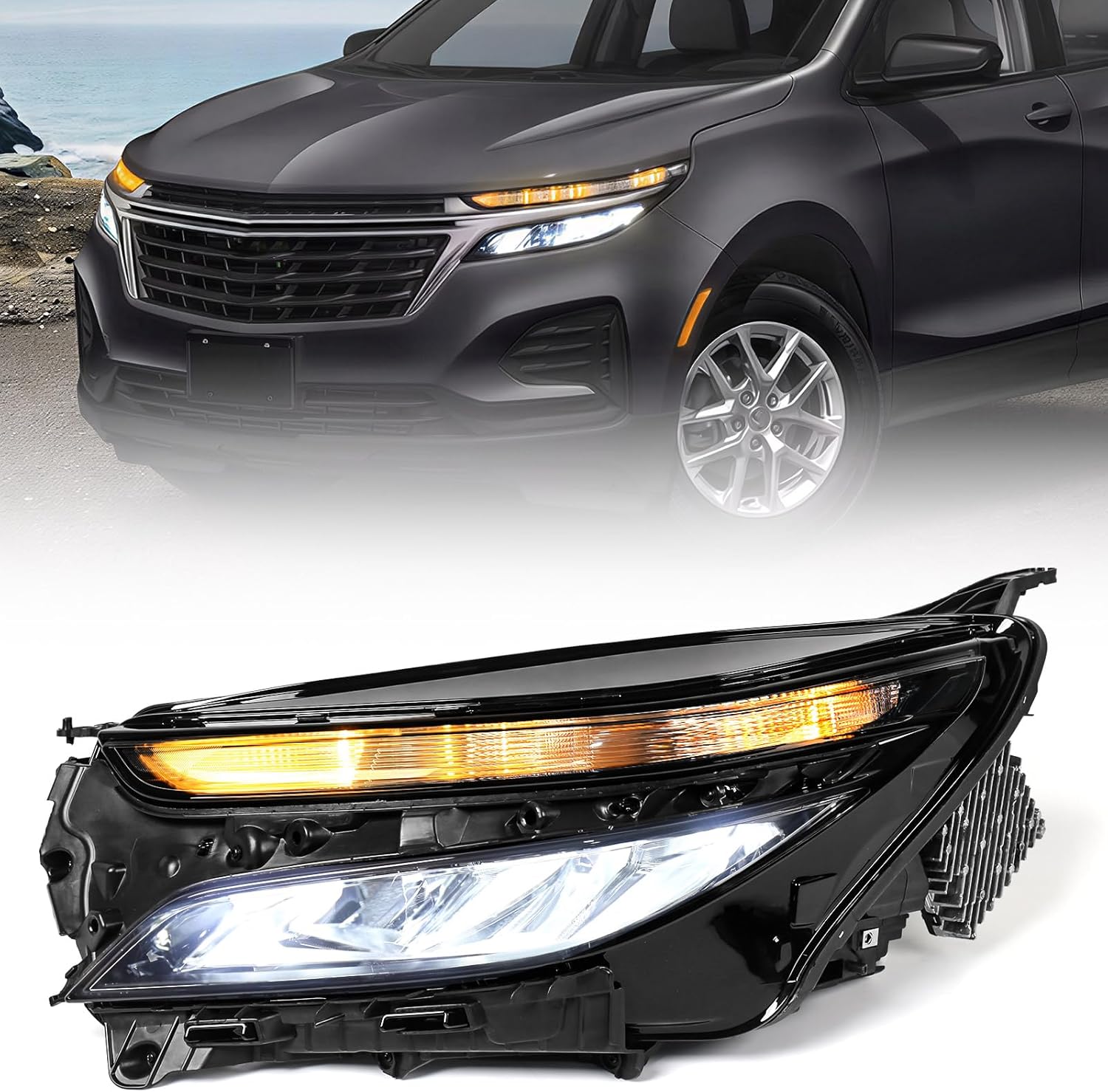 LED Headlight Assembly Compatible with Chevy Equinox LS 2022 2023 2024 w/Halogen Turn Signal Factory Replacement Head Light Lamp 85538061 GM2503531 Right Passenger Side