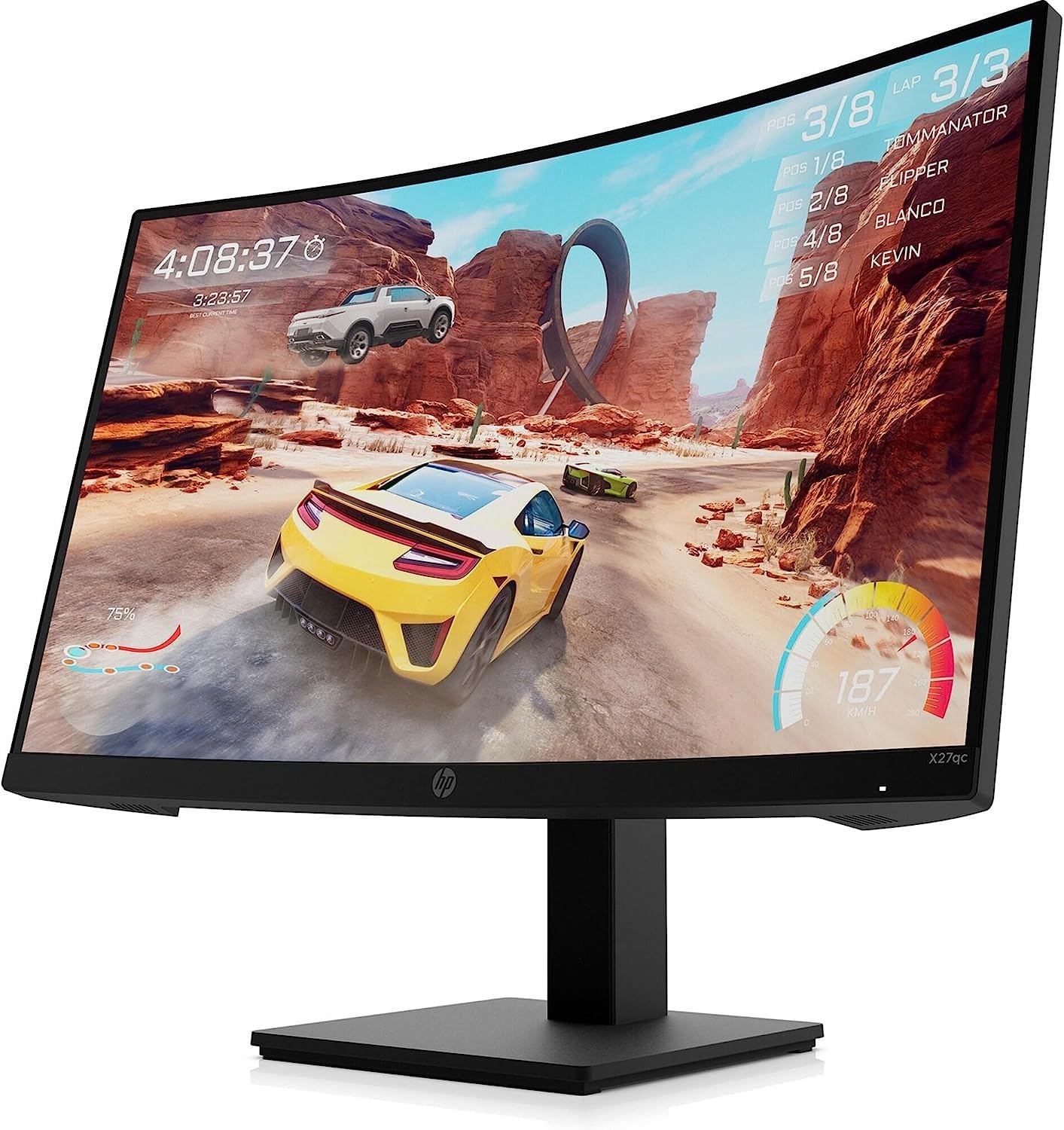 HP X27qc Gaming Monitor Curvo da 27 pollici, Pannello VA 16:9 QHD 165Hz, 1 ms, Antiriflesso, 350 nits, 3000:1, AMD FreeSync Premium, Low Blue Light, VESA 10x10 cm, HDMI 2.0, Displayport 1.4, Nero