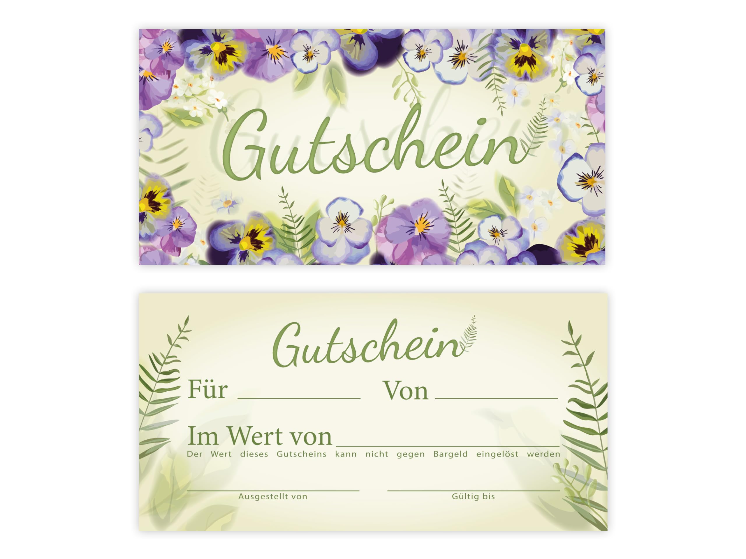 250 Geschenkgutscheine DIN lang plus (21 x 10,5 cm) Design Motiv Natur Veilchen Blumen. Blanko Gutscheine zum Ausfüllen Gutschein Geschenk Karte für Massage Wellness Kosmetik Nagelstudio Spa Beauty