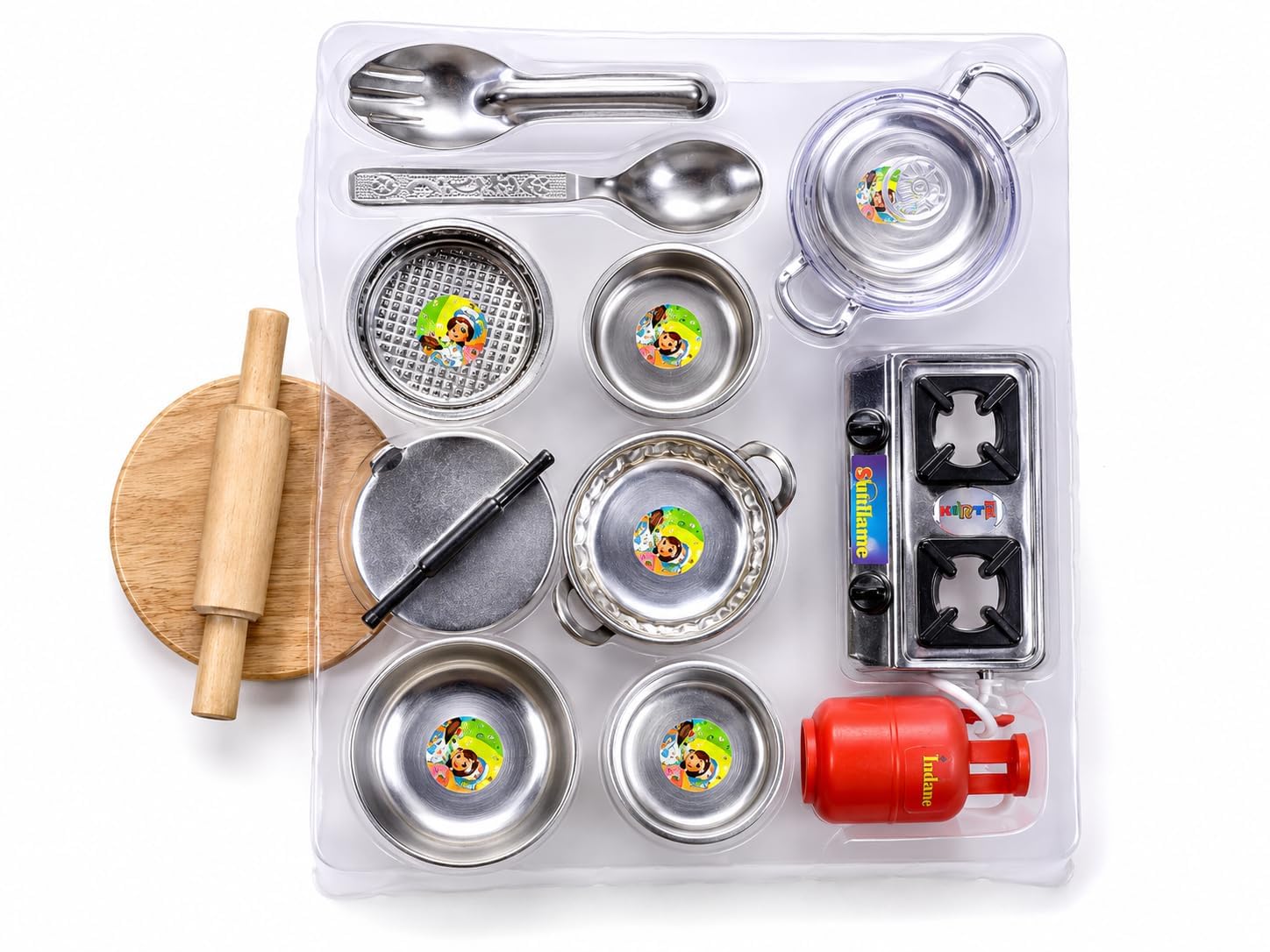 Steel Kitchen Set Toys for Kids Girl - Realistic 20 Pcs Pretend Play Cooking Set with Wooden Chakla Belan & Gas Stove - Master Chef Role Play Toy for Boys & Girls (Age 4+)-image-38