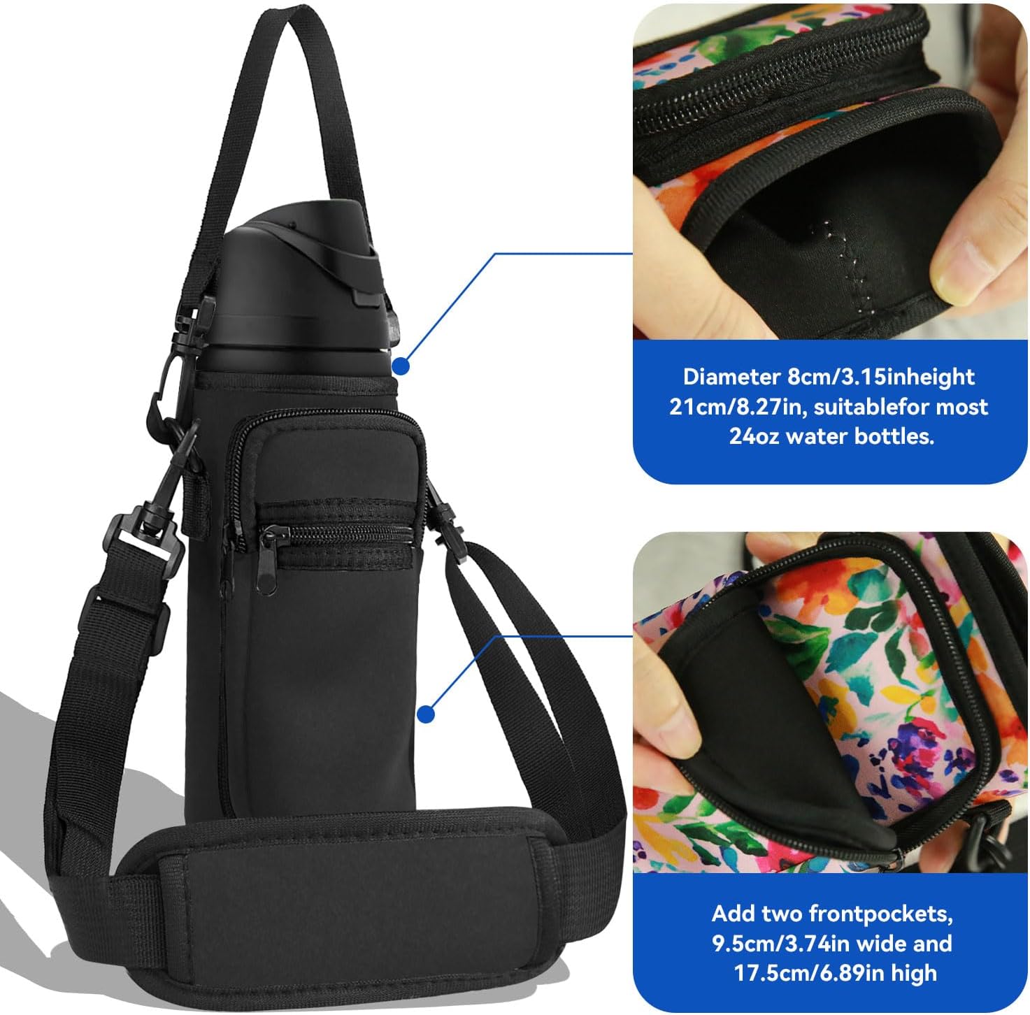 Neoprene Water Bottle Holder Bag with Cell Phone Pocket Compatible with Owala FreeSip 24 oz，Water Bottle Carrying Bag ，with Adjustable Shoulder Strap,for 24oz Stainless Steel Water Bottle - Image 2