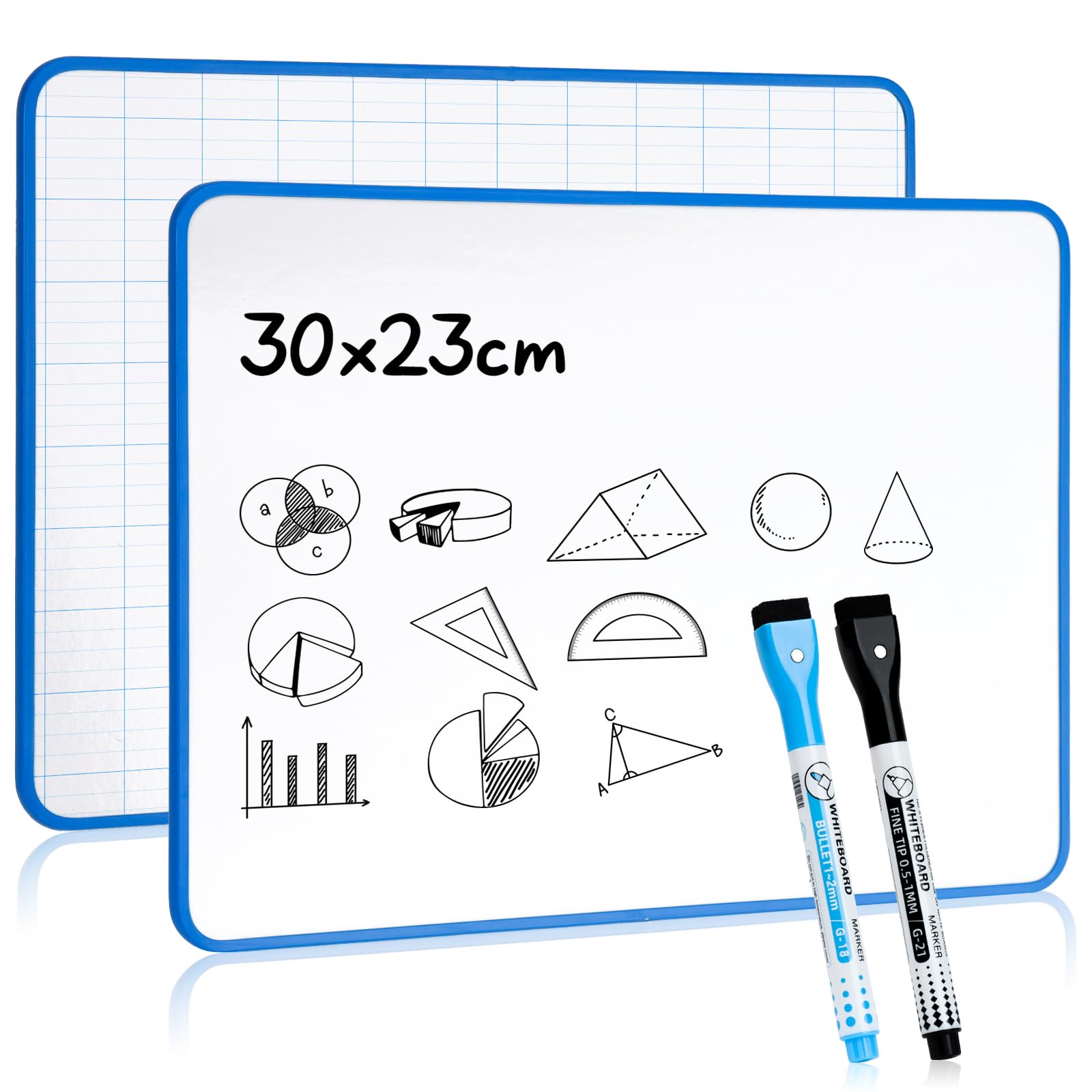 Pizarra blanca borrable A4, 30,3 x 22,7 cm, pizarra escolar de doble cara, borrable en seco, un lado impreso con una cuadrícula la otra blanca, con un bolígrafo de punta fina de fieltro negro y un