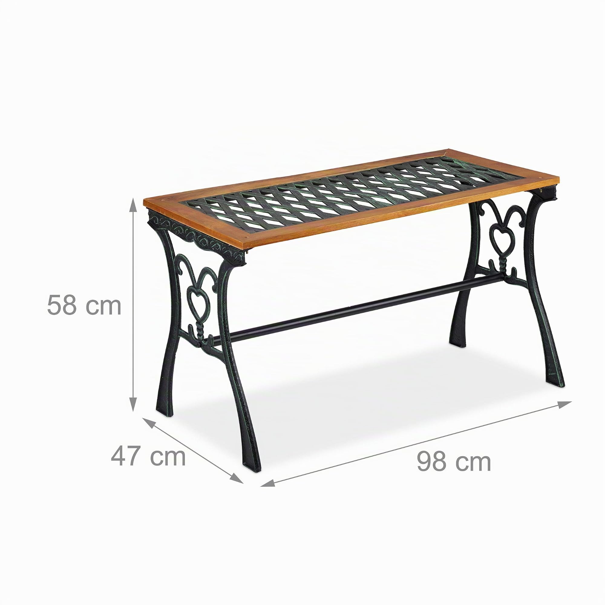 Relaxdays Table de Jardin rectangulaire, extérieur, Vintage, Bois et Fonte de Fer, HlP 58x98x47 cm, Balcon, Nature-Noire
