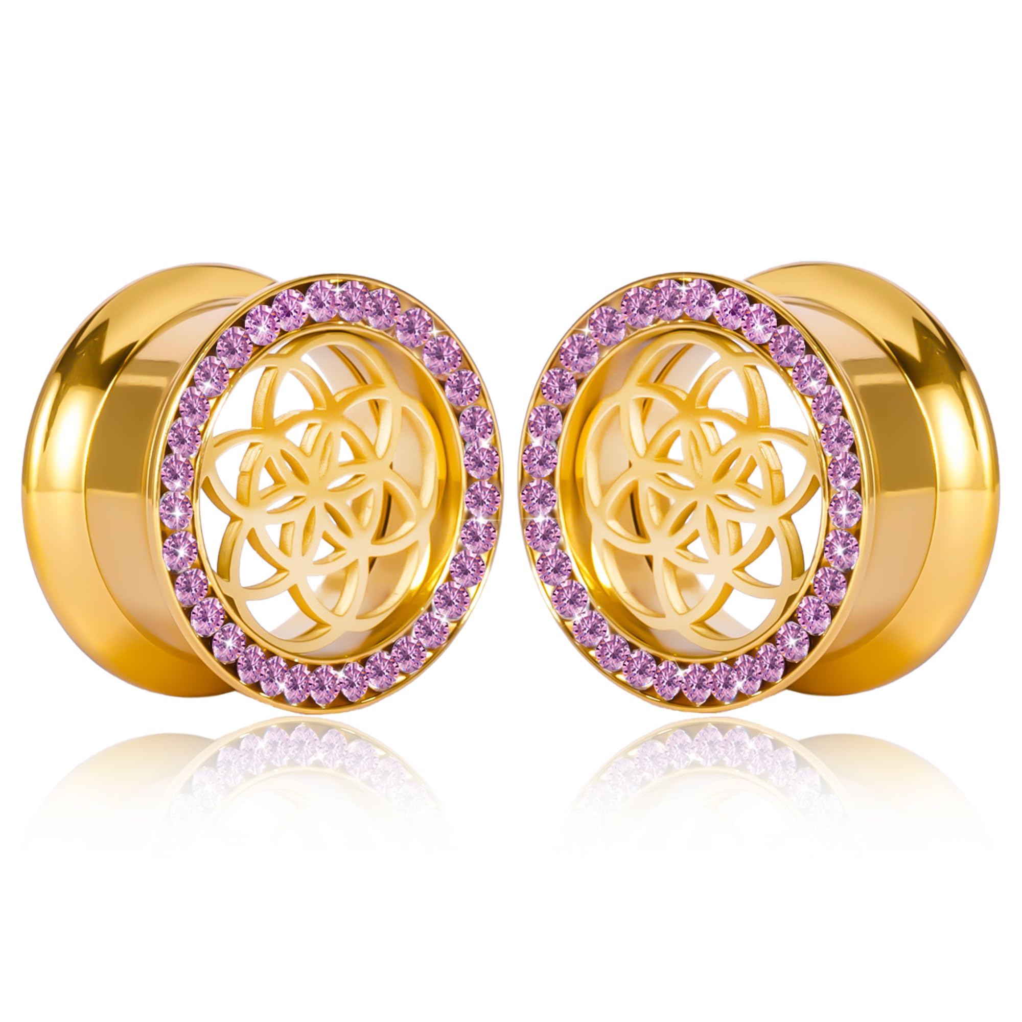 Vankula Dilatatore per orecchio, 1 paio di dilatatori a doppia svasatura, a forma di fiore con zircone, in acciaio inox, per uomini e donne, da 8 mm a 19 mm