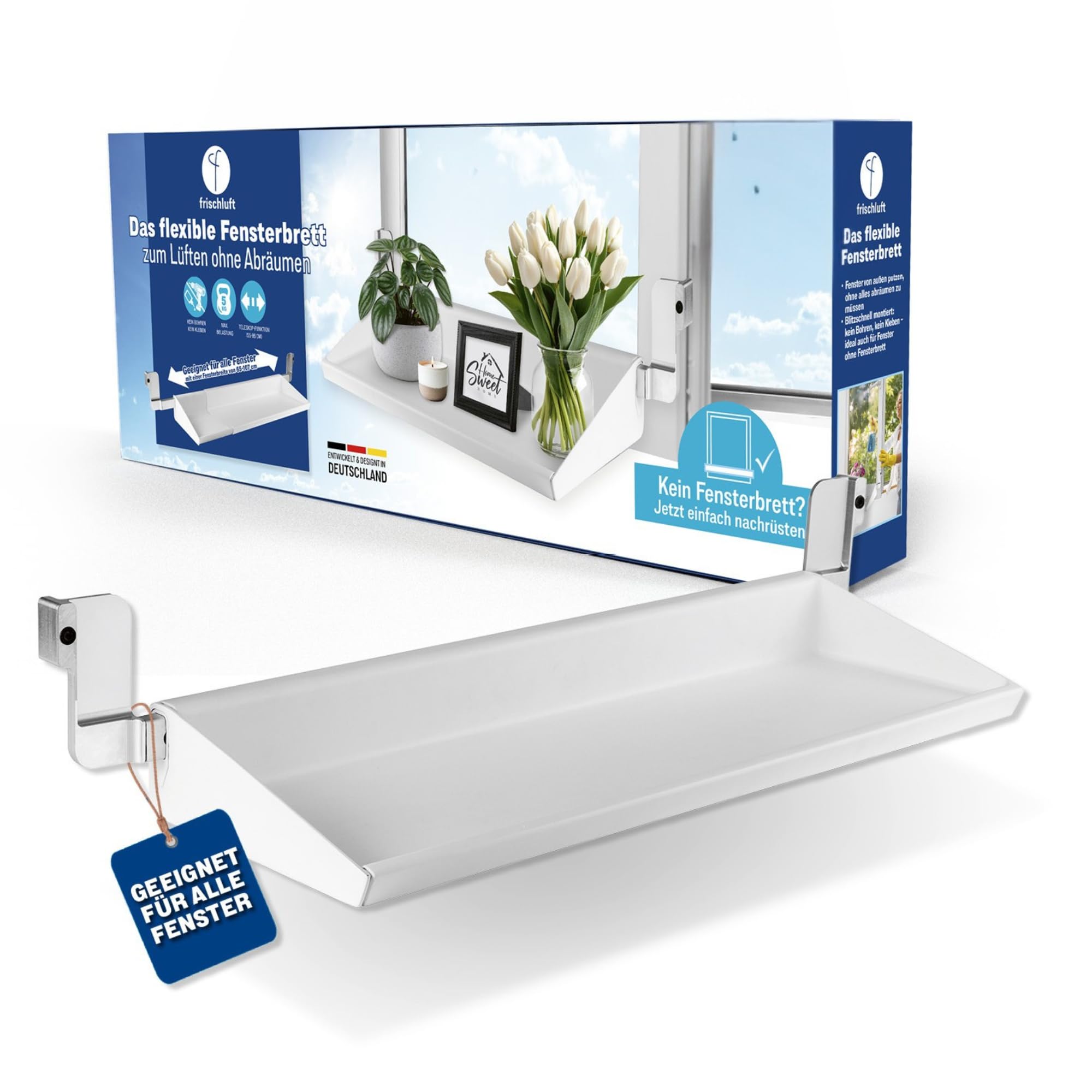 Flexible Fensterbank für fast alle Fenster | Lüften ohne Abräumen, ohne Bohren & Kleben, einfach einklemmen | Teleskop 55–86 cm für Fensterbreite 65–107 cm, bis 5 kg
