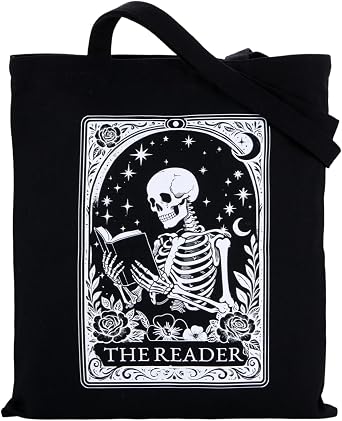 Black Gothic Tote Bag for Women, Halloween Tote Bag for Women, Spooky/Boo Basket Stuffers, Goth Skeleton Canvas Totes Aesthetic for Friends, Ghostface School Supplies, The Reader Candy/Goodie Bags