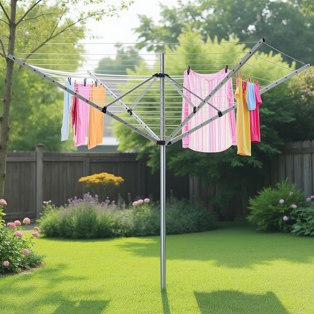 KADAX Séchoir à linge avec 50 mètres de corde à linge, séchoir en aluminium inoxydable pour l'extérieur, hauteur réglable avec housse de sol pour jardin (50m)