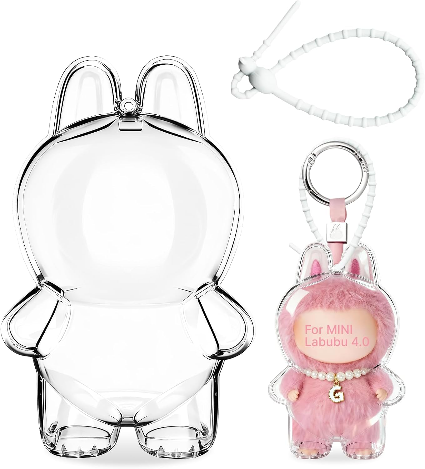Mini Protective Case for Small Labubu 4.0 Pin for Love, Clear Acrylic Display Case for 4.13 Inch Mini Labubu, Silicone Keychain Strap Included for Carrying (Doll Not Included