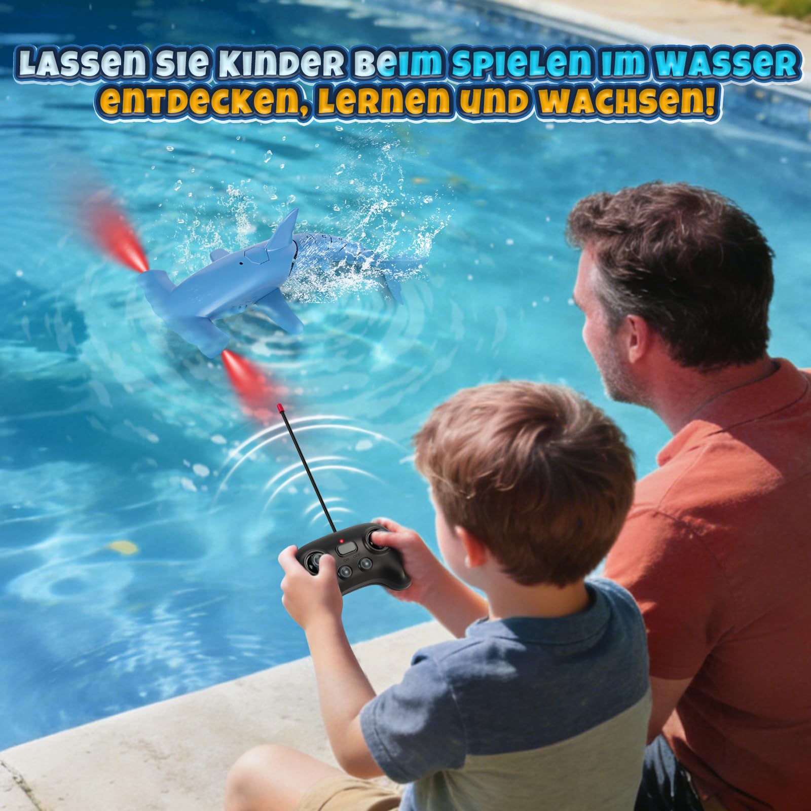 Ferngesteuerter Hai mit Tauchfunktion, 2.4GHz RC Hai mit LED-Licht, Unterwasser-Hai Spielzeug für Pool & Badewanne, Geschenk für Kinder ab 6 Jahren Jungen & Mädchen (Blau)