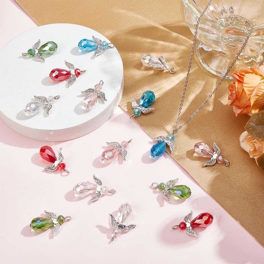 HOBBIESAY 50 Pcs Glass Angel Wing Charms 5 Colors Teardrop Beads Pendant Faceted Dangle Charm DIY Crafting Accessories for Necklace Bracelet Earring Keychain Jewelry Making - Image 4