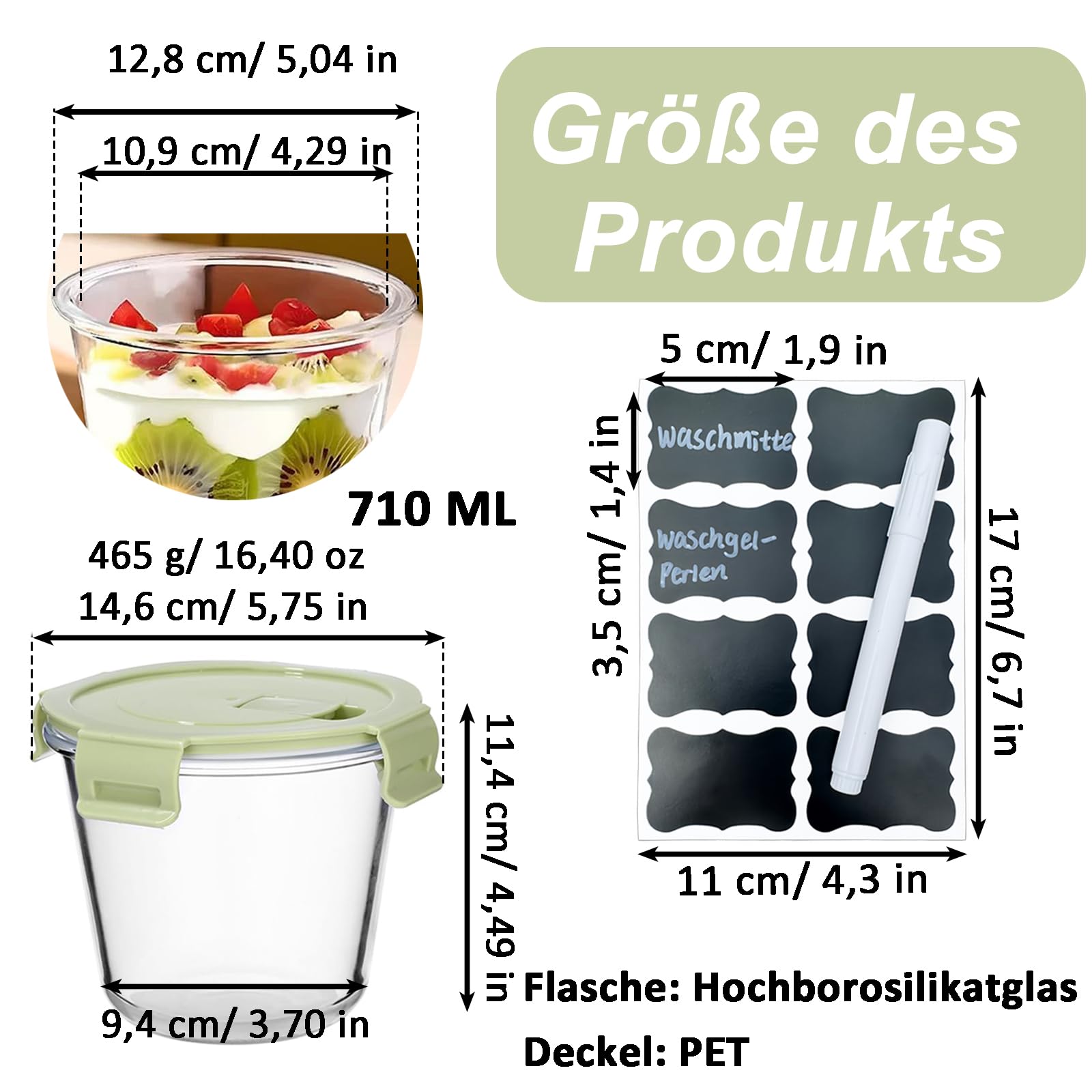 4 szklane pojemniki na zupę, 710 ml, szklane pojemniki z hermetyczną pokrywką, okrągłe szklane pojemniki na zupę, z etykietą, wysokie szkło borokrzemowe, do mycia w zmywarce, kuchenki